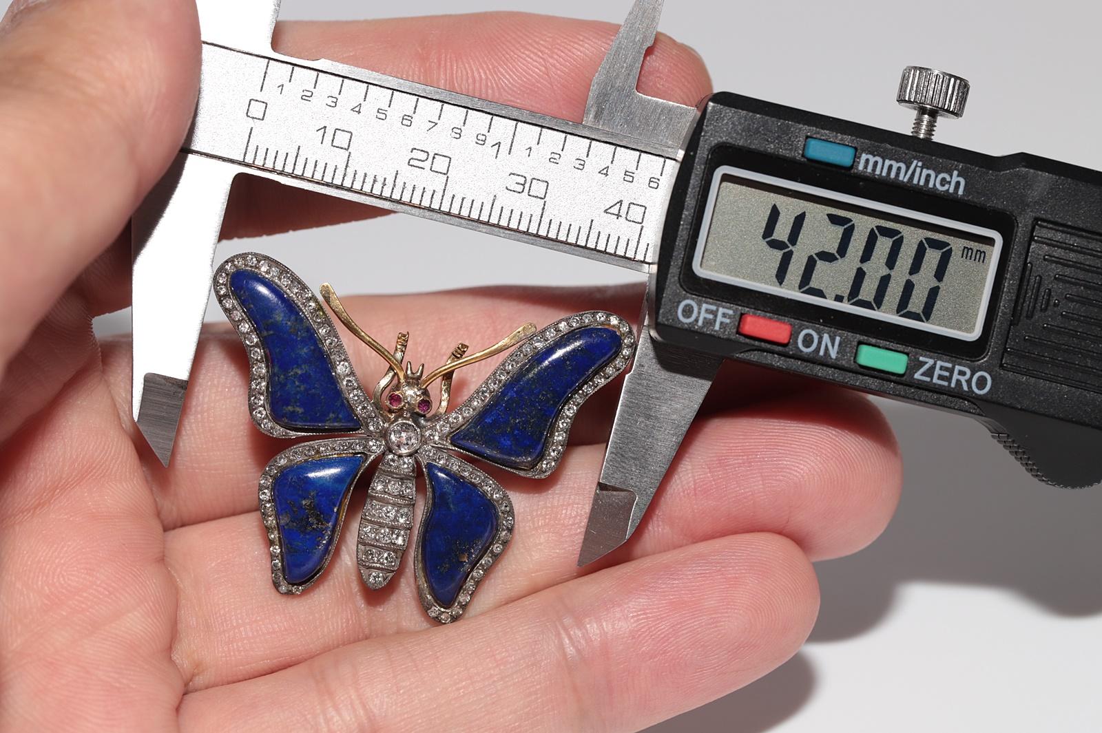 Women's Vintage Circa 1980s 18k Gold Top Silver Lapis Natural Diamond Butterfly Brooch For Sale
