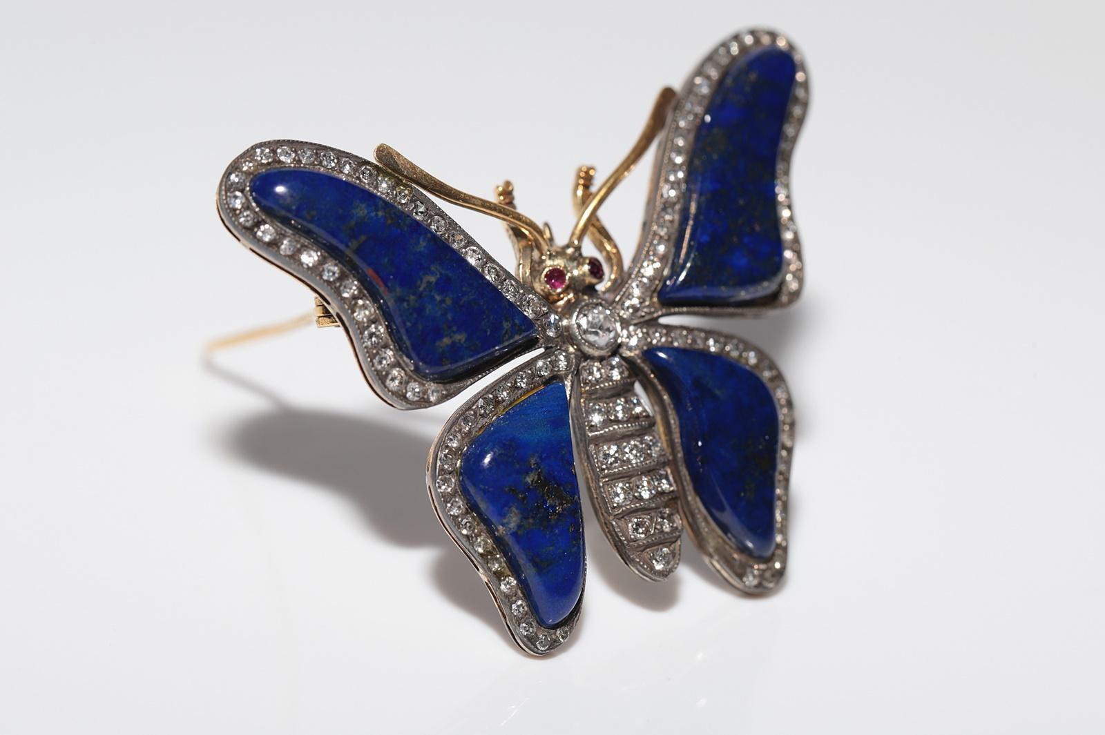 Vintage Circa 1980s 18k Gold Top Silver Lapis Natural Diamond Butterfly Brooch For Sale 2