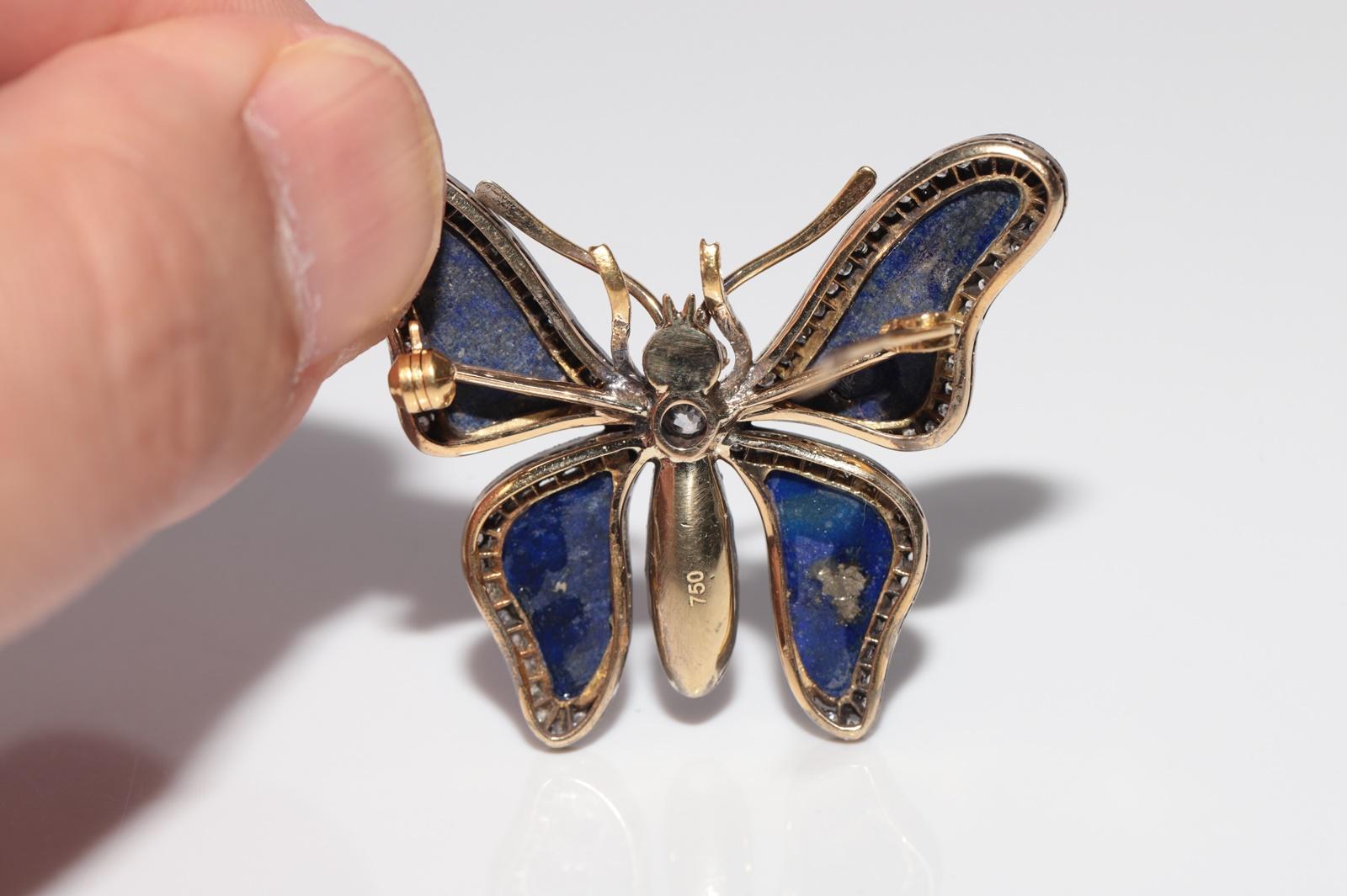 Vintage Circa 1980s 18k Gold Top Silver Lapis Natural Diamond Butterfly Brooch For Sale 3
