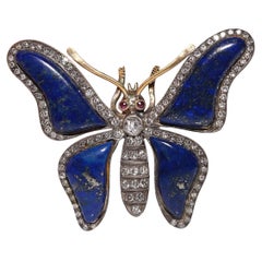 Schmetterlingsbrosche, Vintage, ca. 1980er Jahre, 18 Karat Gold Top Silber Lapislazuli natürlicher Diamant