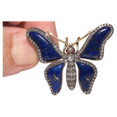 Vintage Circa 1980 Or 18k Top Argent Lapis Diamant Naturel Broche Papillon