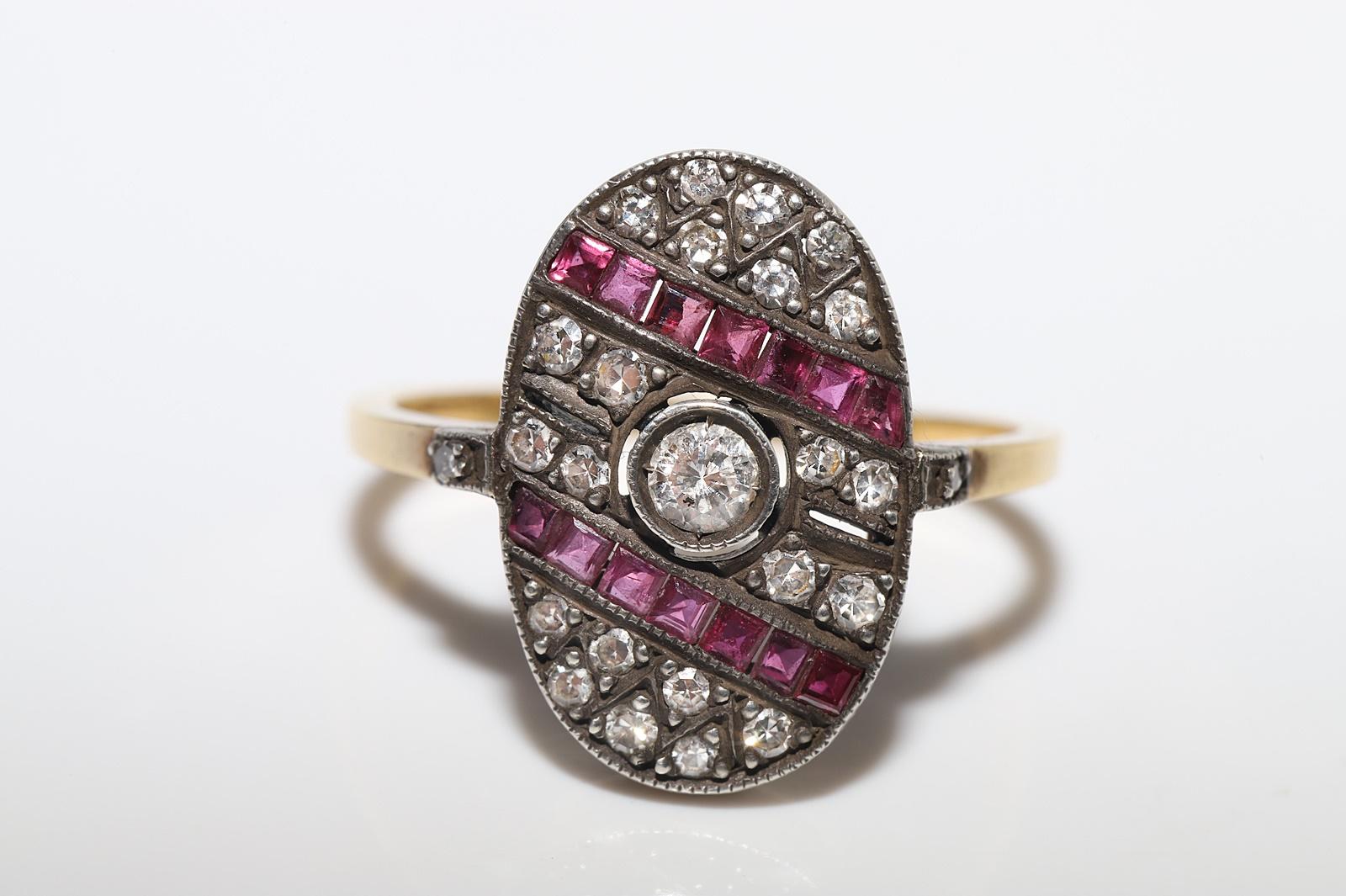 Brilliant Cut Vintage Circa 1980s 18k Gold Top Silver Natural Diamond And Caliber Ruby Ring For Sale