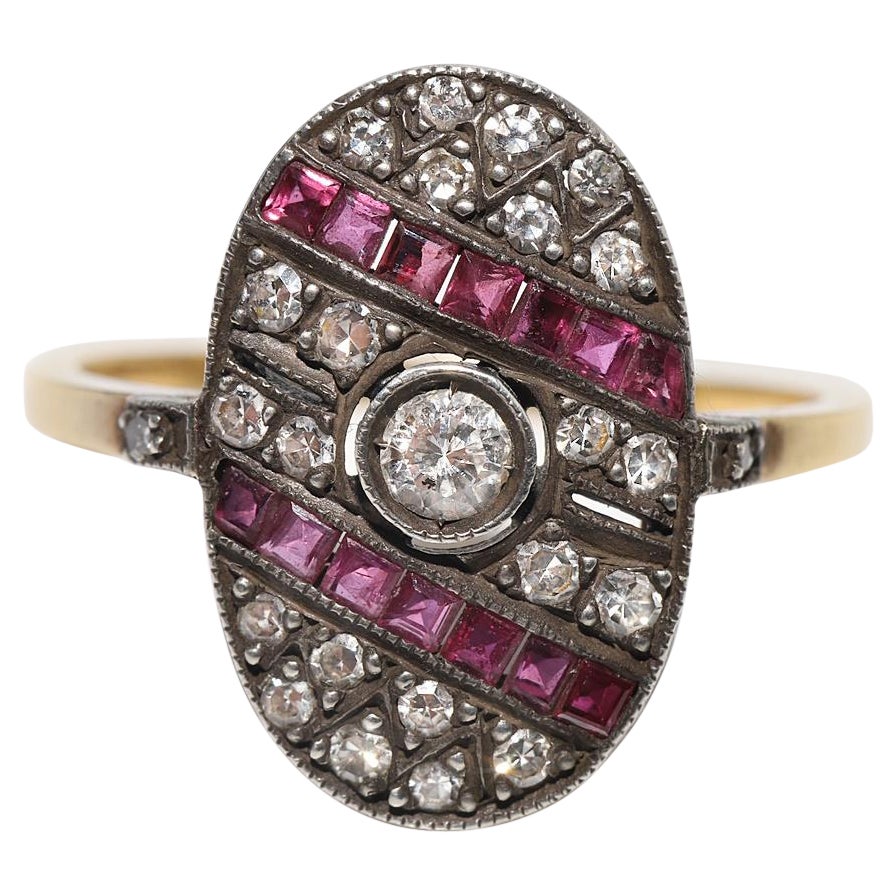 Bague vintage des années 1980, or 18 carats, argent, diamant naturel et rubis calibré