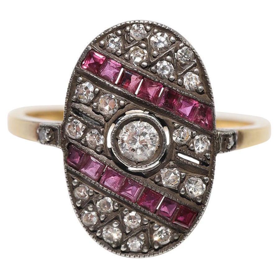 Bague vintage des années 1980, or 18 carats, argent, diamant naturel et rubis calibré