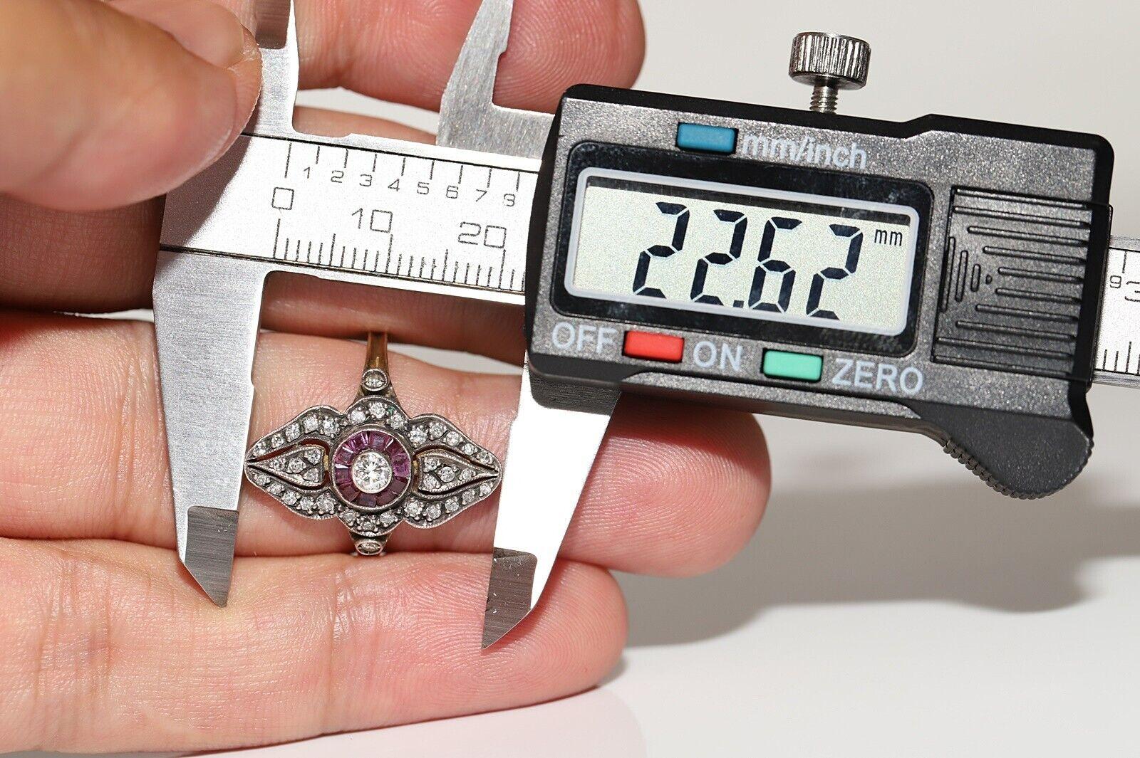 Vintage CIRCA 1980s 18k Gold Top Silber Natürlicher Diamant und Rubin Navette Ring im Angebot 3