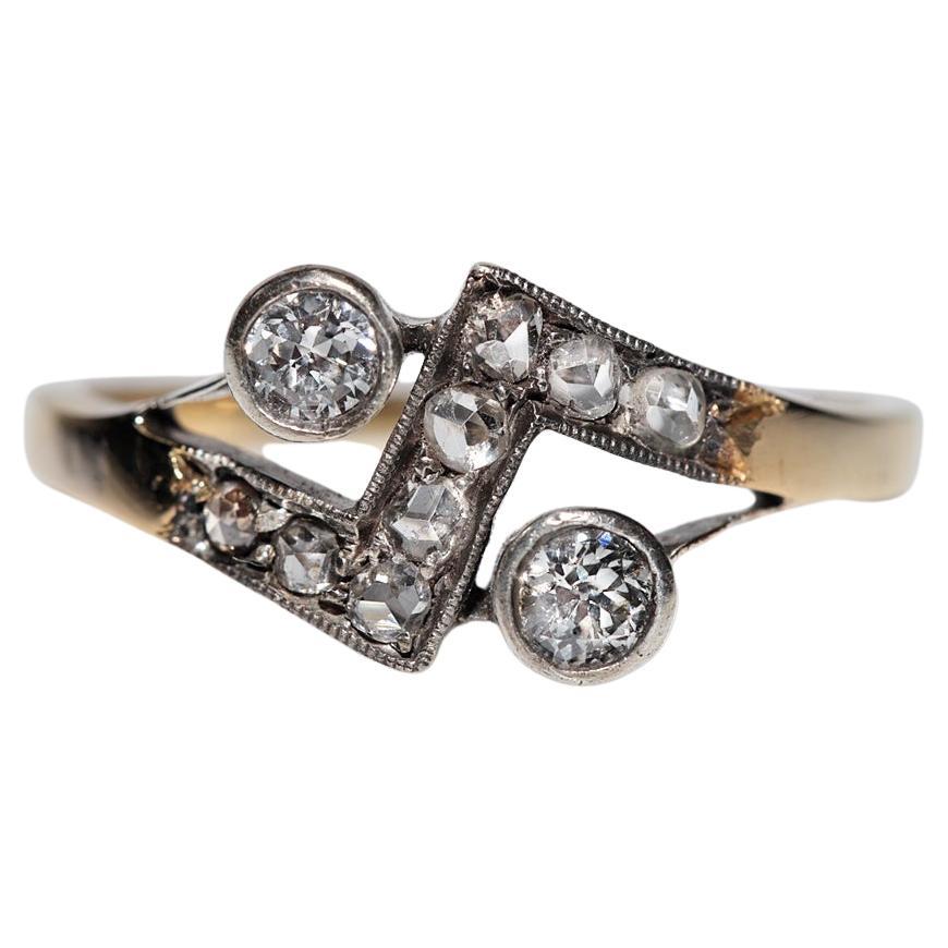 Vintage Circa 1980s 18k Gold Top Silver Natural Diamond Decorated Ring For Sale