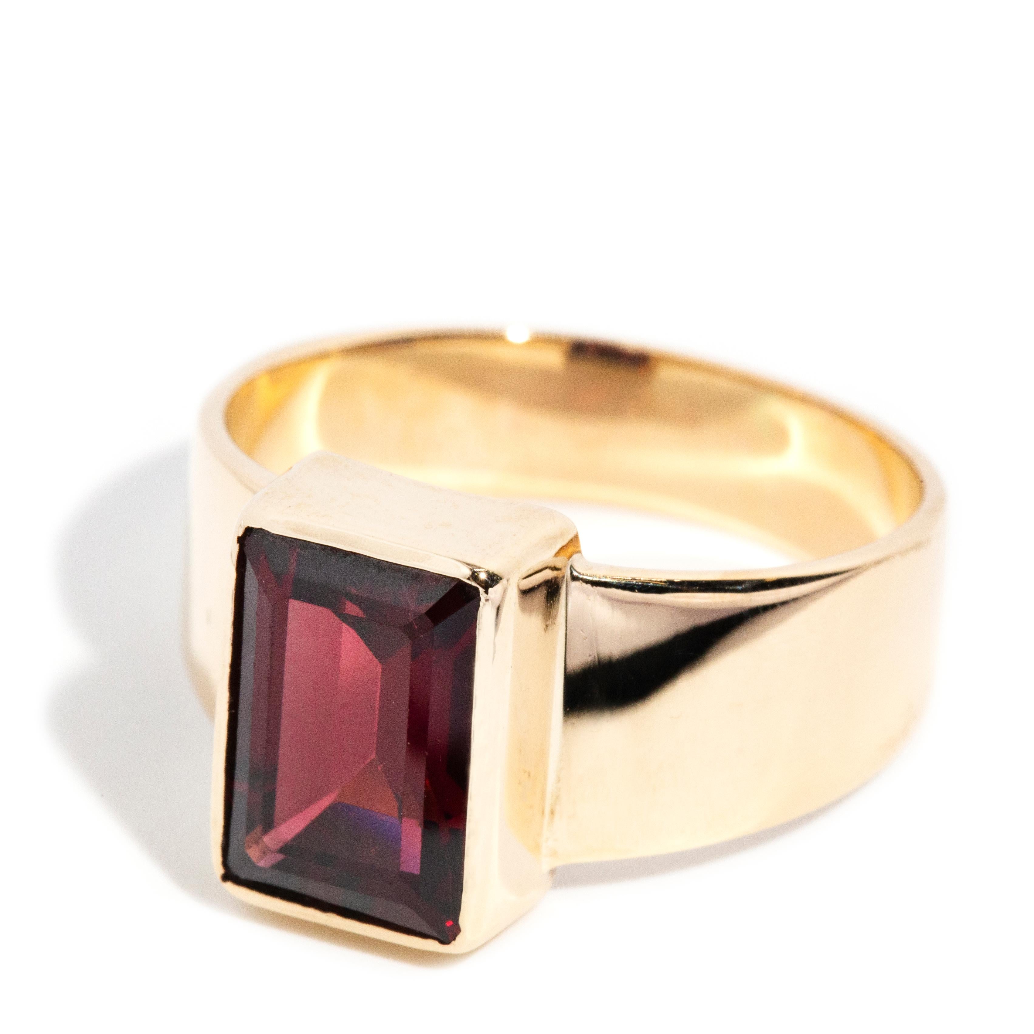 Emerald Cut Vintage Circa 1980s 4.6 Carat Bright Deep Red Garnet Vintage Ring 9 Carat Gold