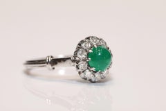 Vintage Circa 1980s 8k Gold Natural Cabochon Cut Emerald And Diamond Ring
