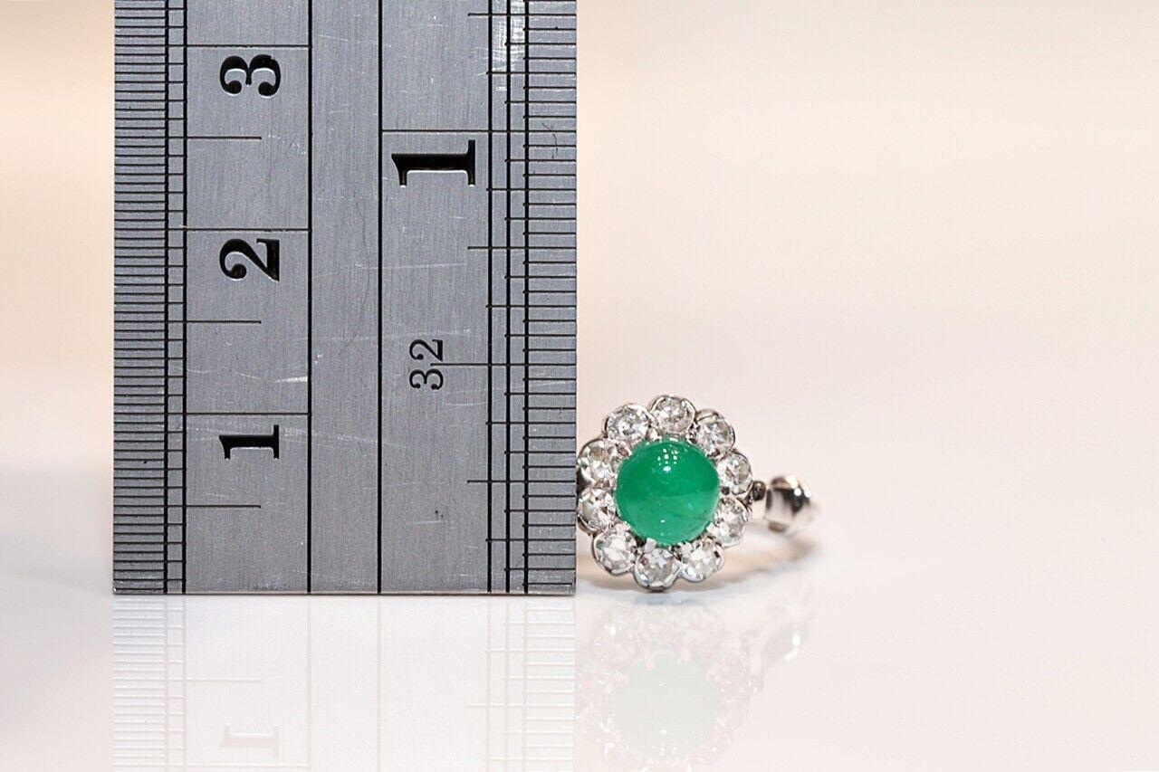 Vintage Circa 1980s 8k Gold Natural Cabochon Cut Emerald And Diamond Ring Pour femmes en vente