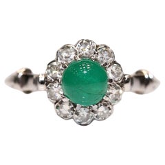 Vintage Circa 1980s 8k Gold Natural Cabochon Cut Emerald And Diamond Ring