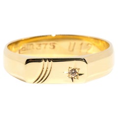 Vintage circa 1980s 9 Carat Gold Hammer Set Round Brilliant Diamond Signet Ring