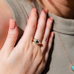 Vintage circa 1980s 9 Carat Yellow Gold Diamond and Sapphire Hexagonal Ring