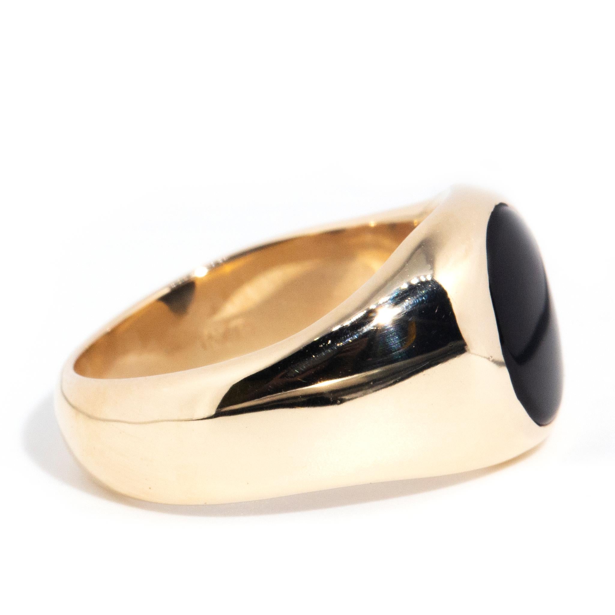 Modern Vintage Circa 1980s 9 Carat Yellow Gold Oval Cut Onyx Domed Men's Signet Ring