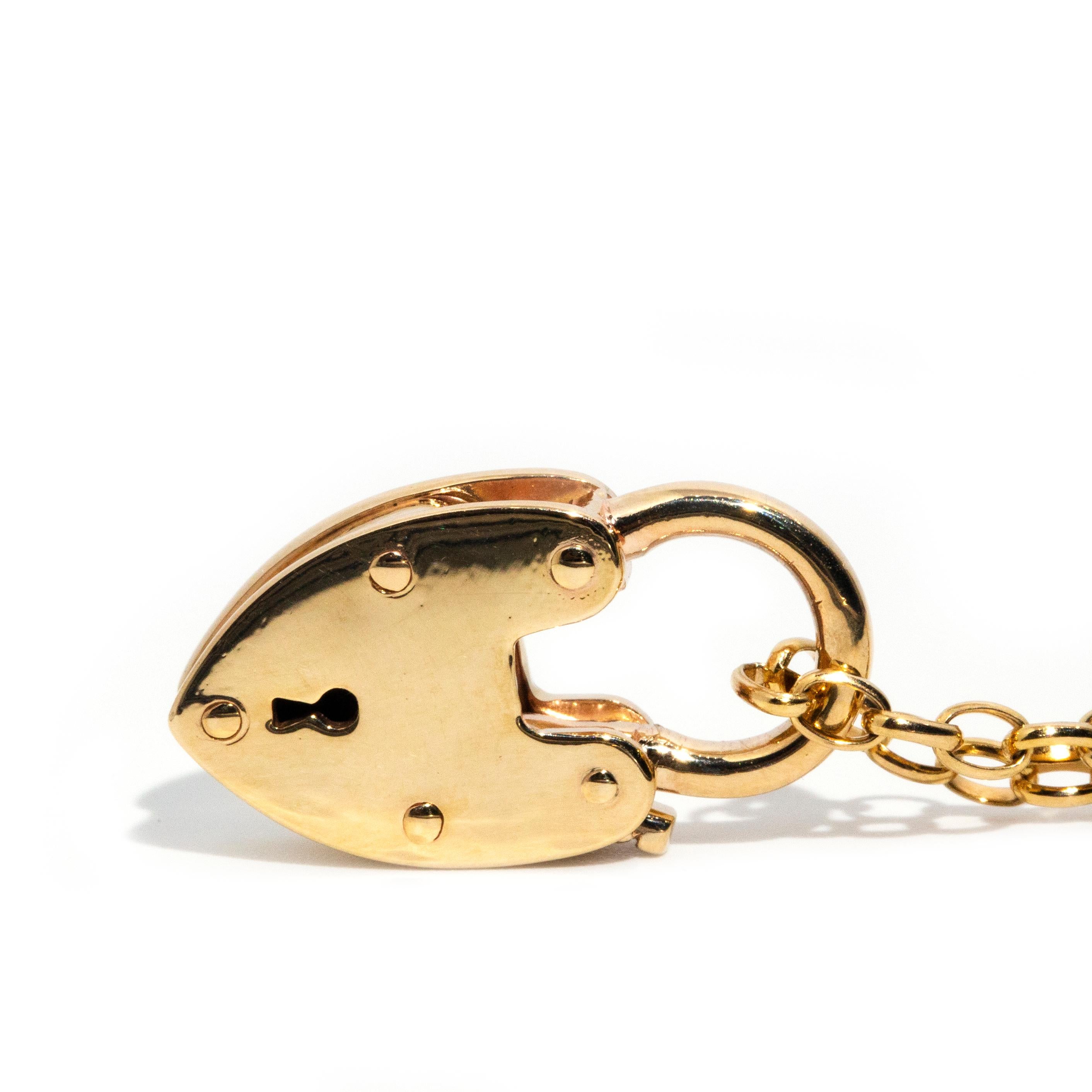 Vintage circa 1980s 9ct Yellow Gold Shield Padlock Pendant and Belcher Chain In Good Condition In Hamilton, AU