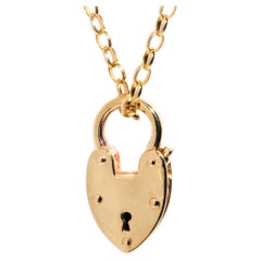 Vintage circa 1980s 9ct Yellow Gold Shield Padlock Pendant and Belcher Chain