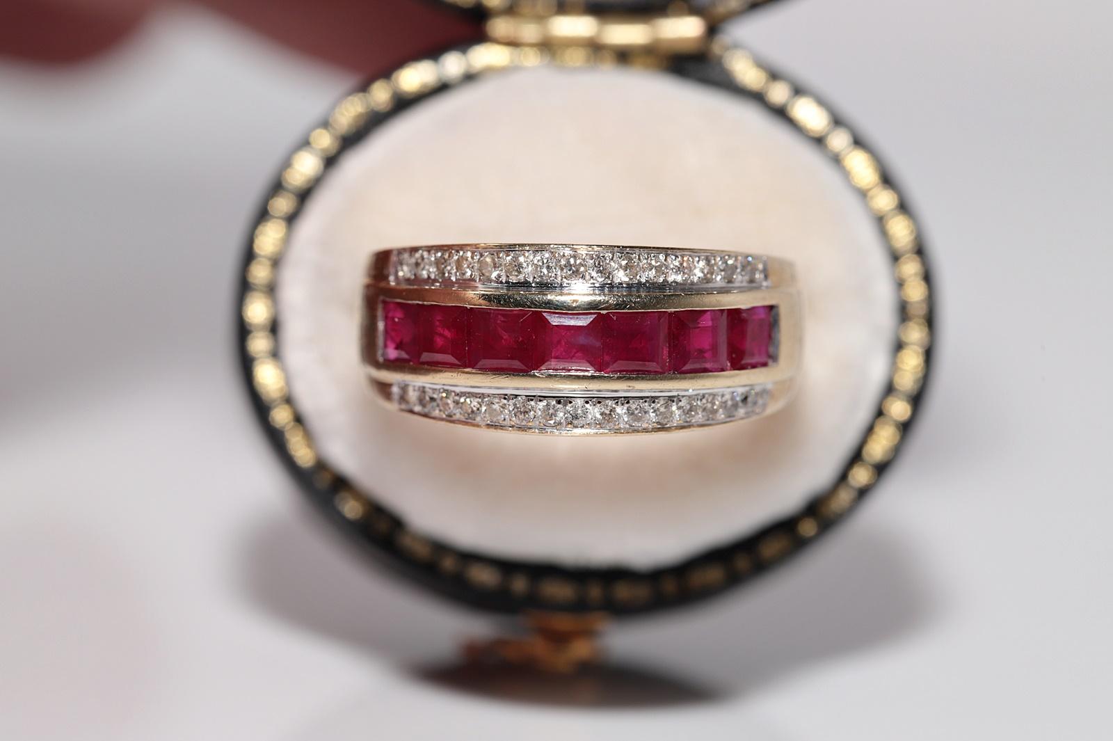 Anello a fascia in oro 9k con diamante naturale e rubino taglio baguette, vintage, circa anni '80 in vendita 6