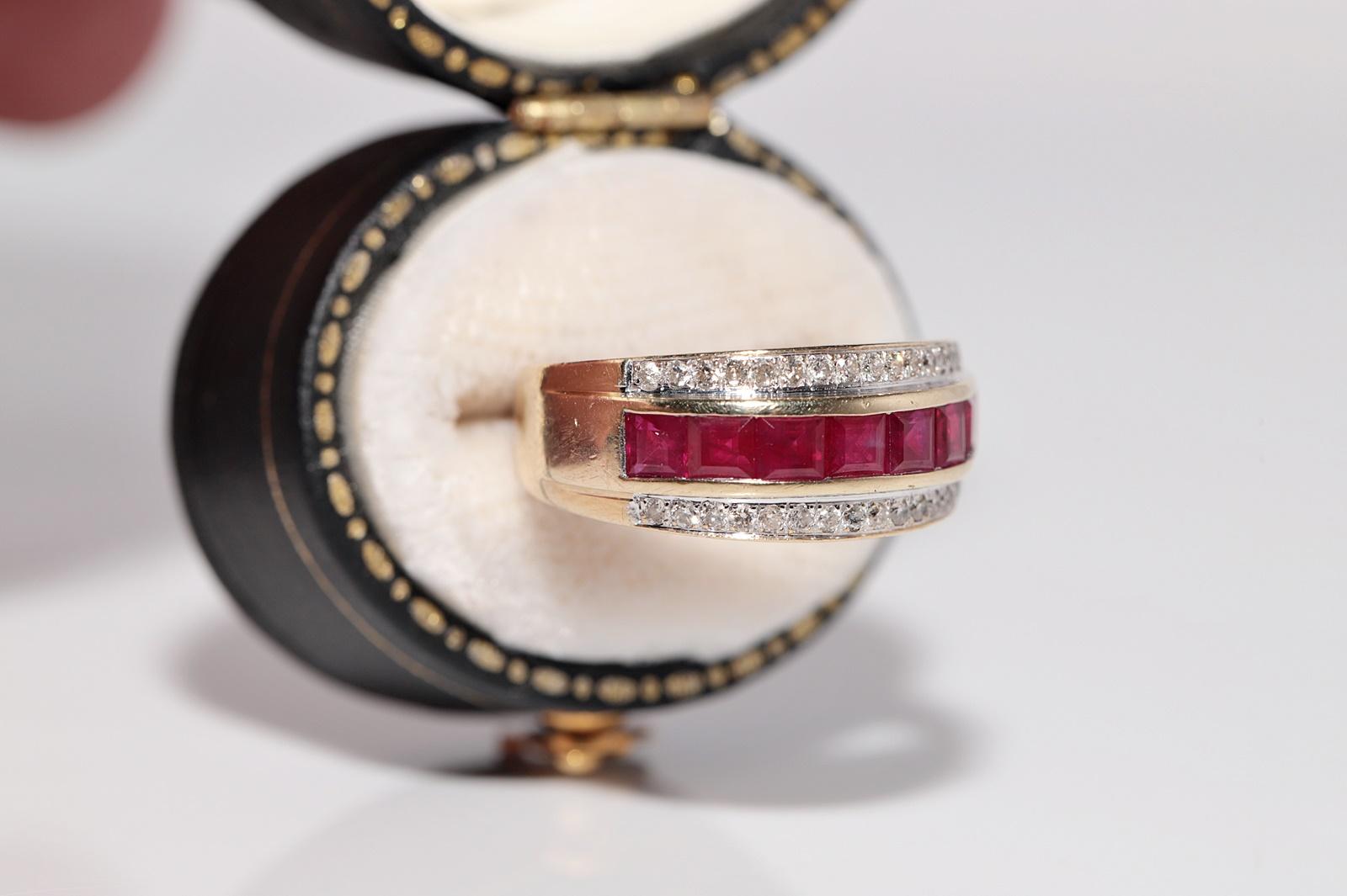Anello a fascia in oro 9k con diamante naturale e rubino taglio baguette, vintage, circa anni '80 in vendita 7