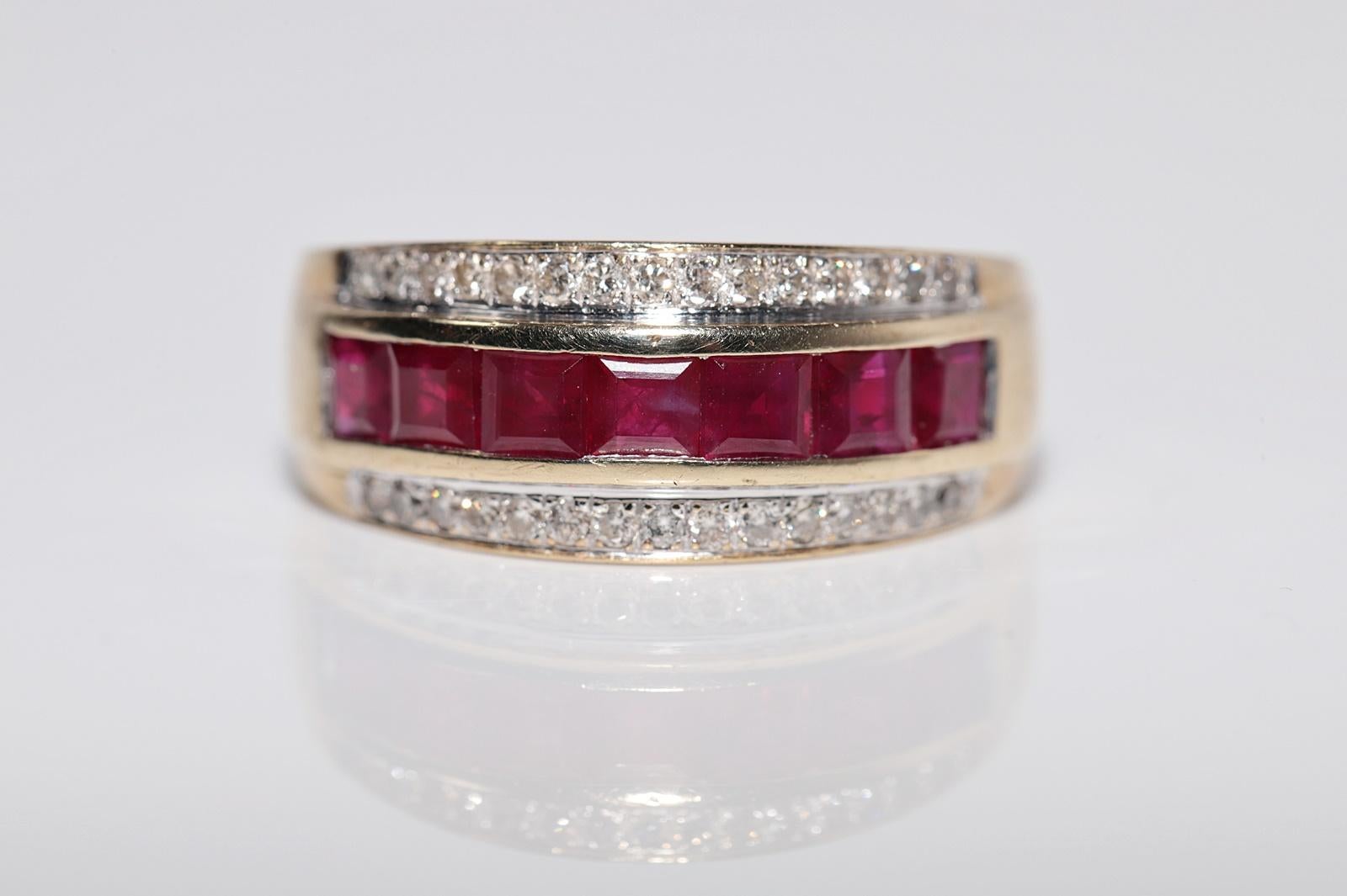 Anello a fascia in oro 9k con diamante naturale e rubino taglio baguette, vintage, circa anni '80 in vendita 9