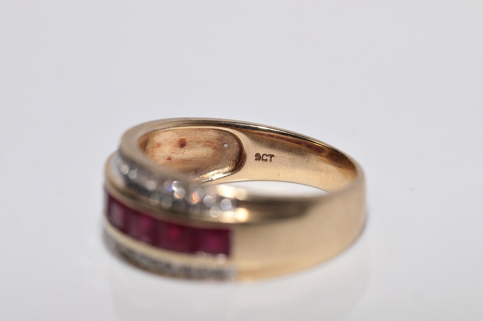 Rétro Anello a fascia in oro 9k con diamante naturale e rubino taglio baguette, vintage, circa anni '80 in vendita