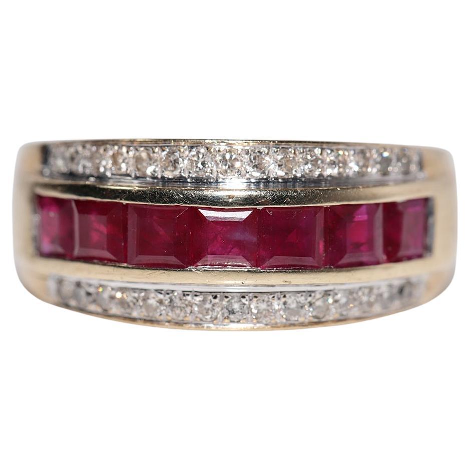 Vintage Circa 1980s 9k Gold Natural Diamond And Baguette Cut Ruby Band Ring