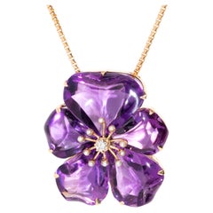 Pendentif à fleurs vintage en or 14 carats avec perles et améthyste de 9 carats, années 1980