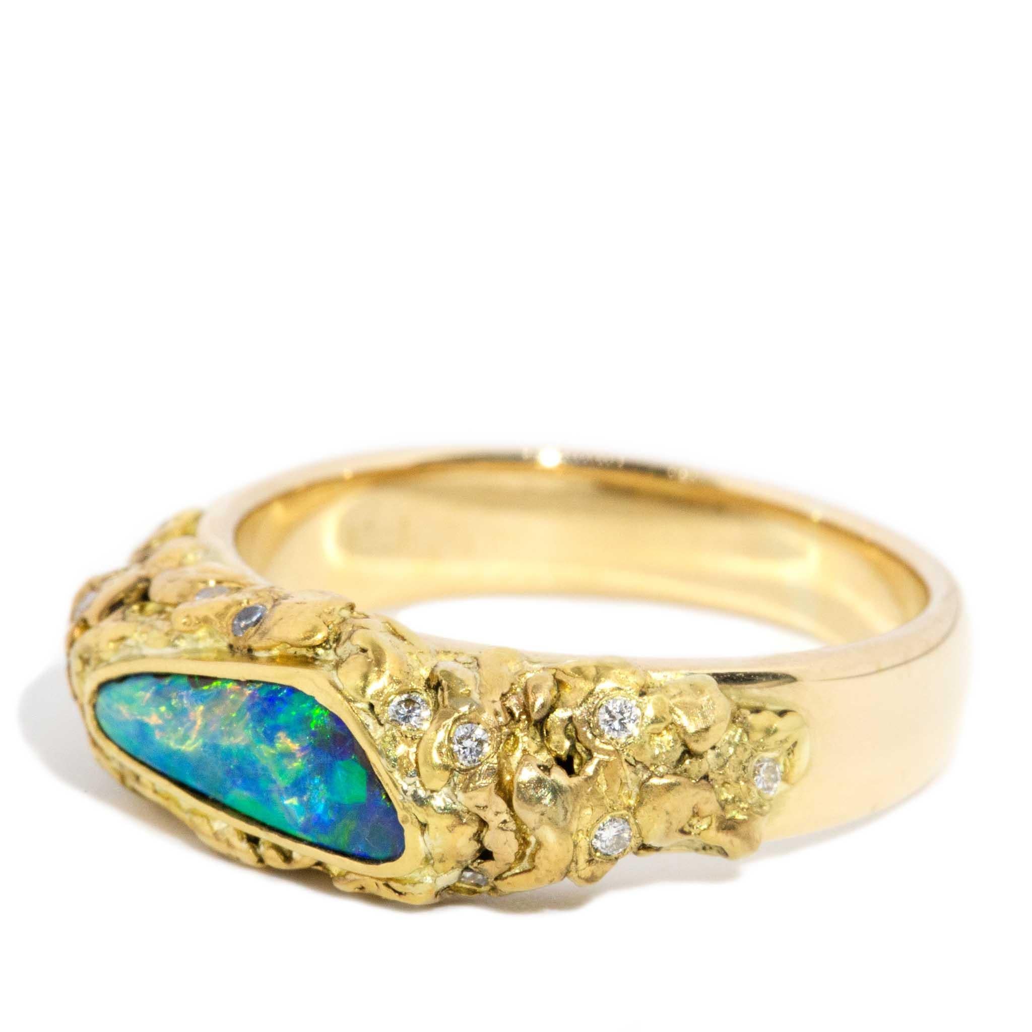 Modern Vintage Circa 1980s Australian Boulder Opal & Diamond Ring 18 Carat Gold For Sale