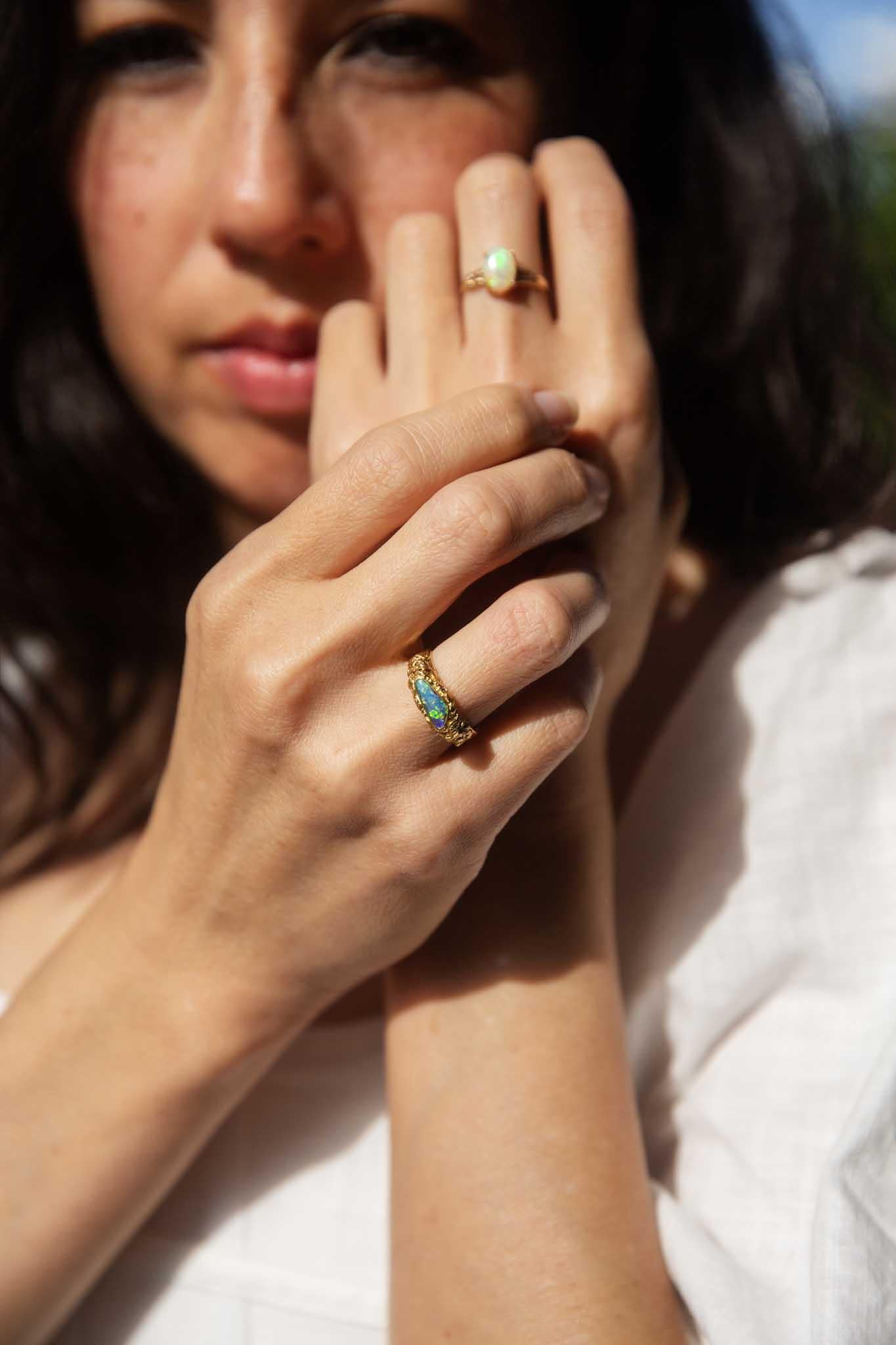 Brilliant Cut Vintage Circa 1980s Australian Boulder Opal & Diamond Ring 18 Carat Gold For Sale