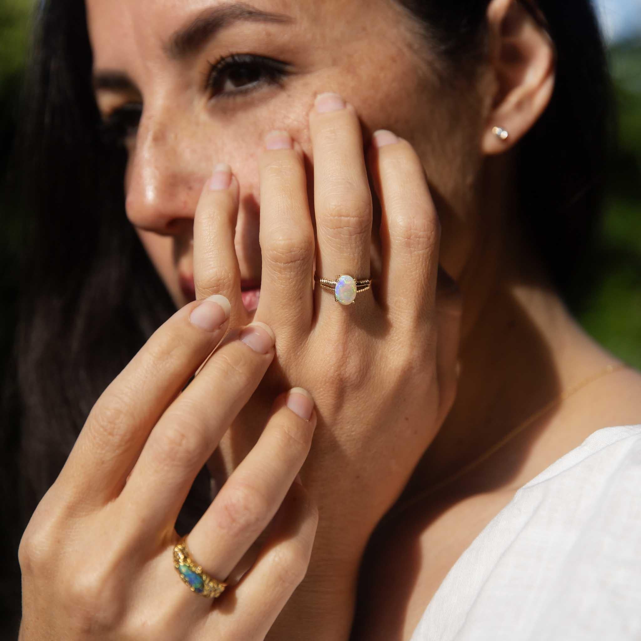 Women's Vintage Circa 1980s Australian Boulder Opal & Diamond Ring 18 Carat Gold For Sale
