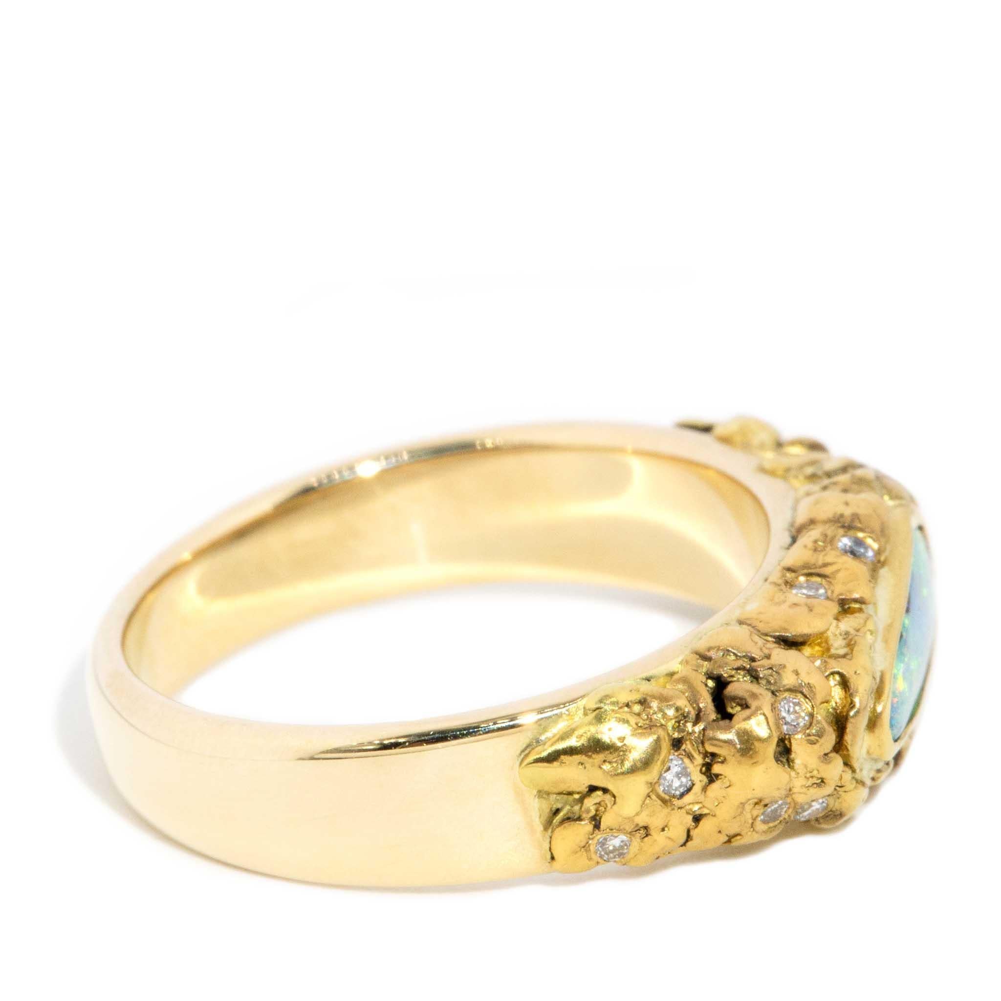 Vintage Circa 1980s Australian Boulder Opal & Diamond Ring 18 Carat Gold For Sale 1
