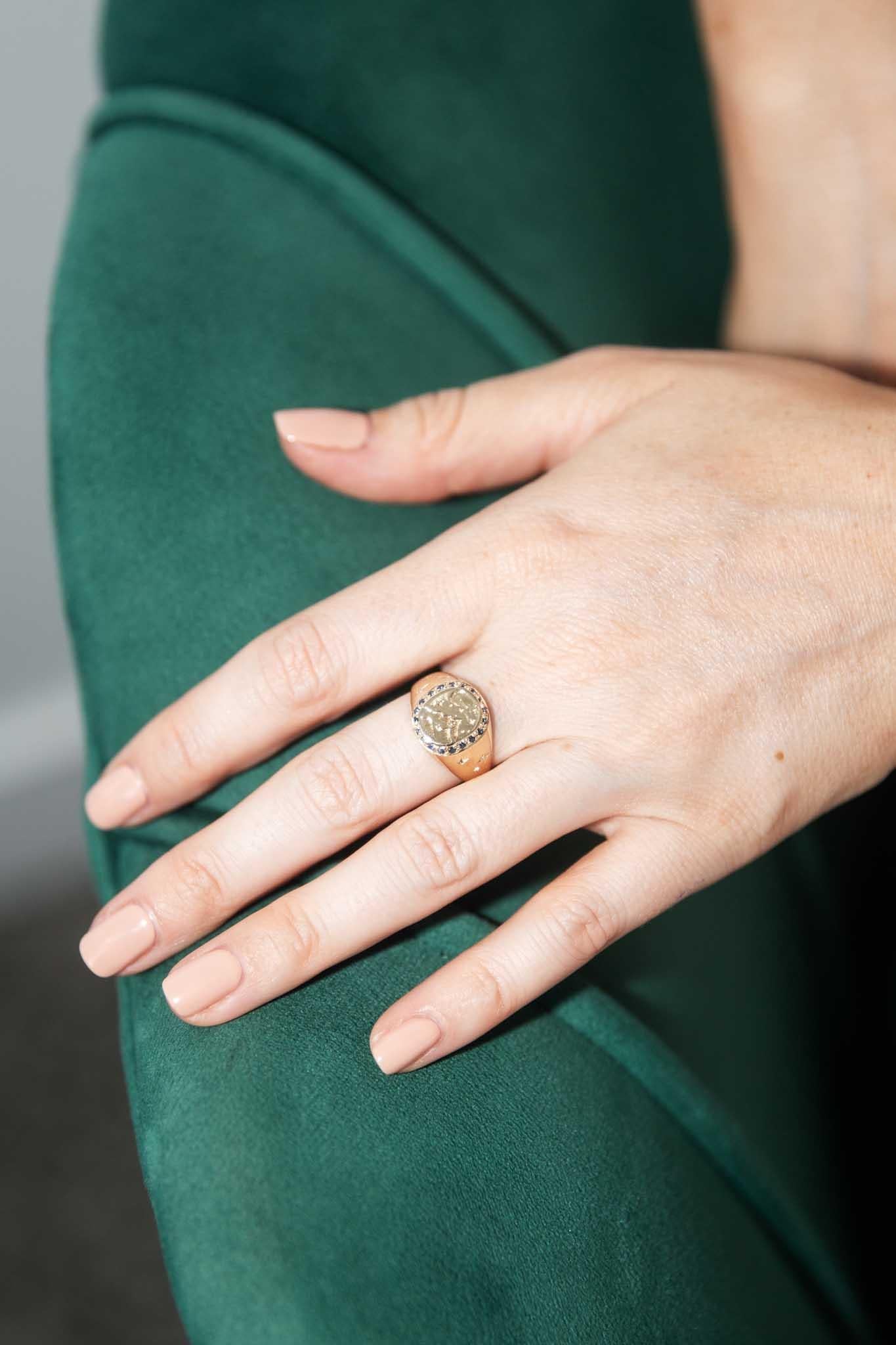 Depicting the night sky with stars and a crested moon, our Cassius Ring is a handsome jewel.  With two star-set diamonds and a halo of midnight blue sapphires, he is a design classic with a twist.  A perfect inclusion in your jewellery