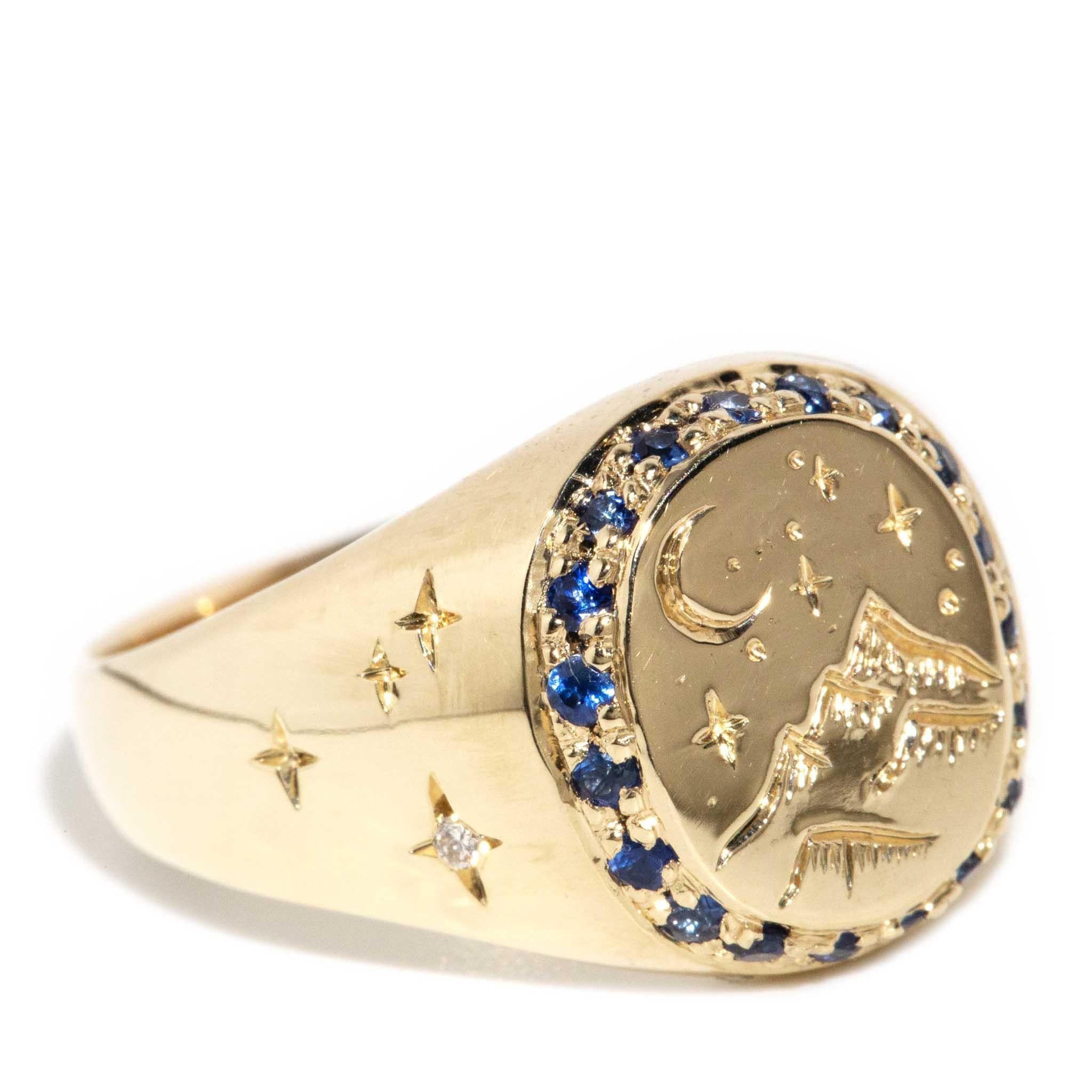 Modern Vintage Circa 1980s Blue Sapphire & Brilliant Diamond Signet Ring 9 Carat Gold For Sale