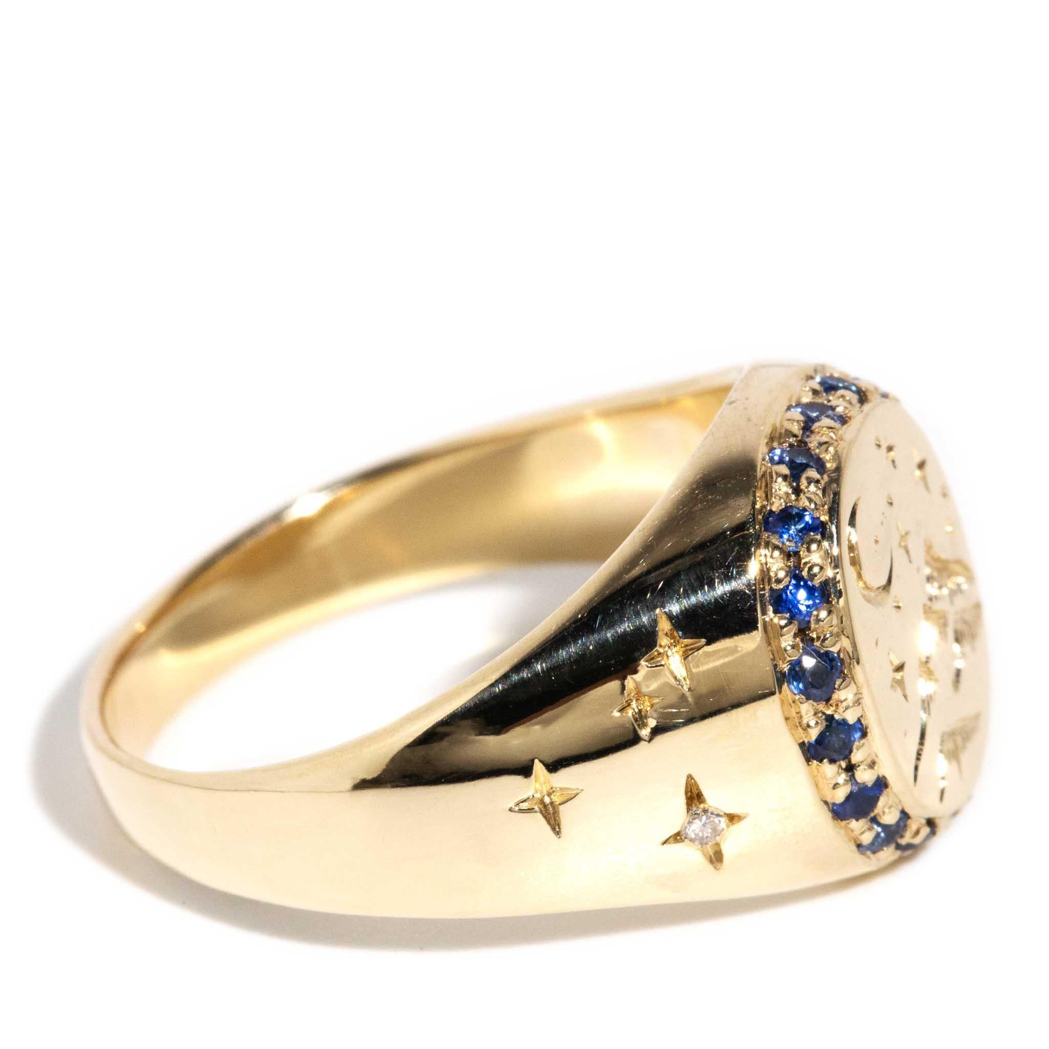 Women's Vintage Circa 1980s Blue Sapphire & Brilliant Diamond Signet Ring 9 Carat Gold For Sale
