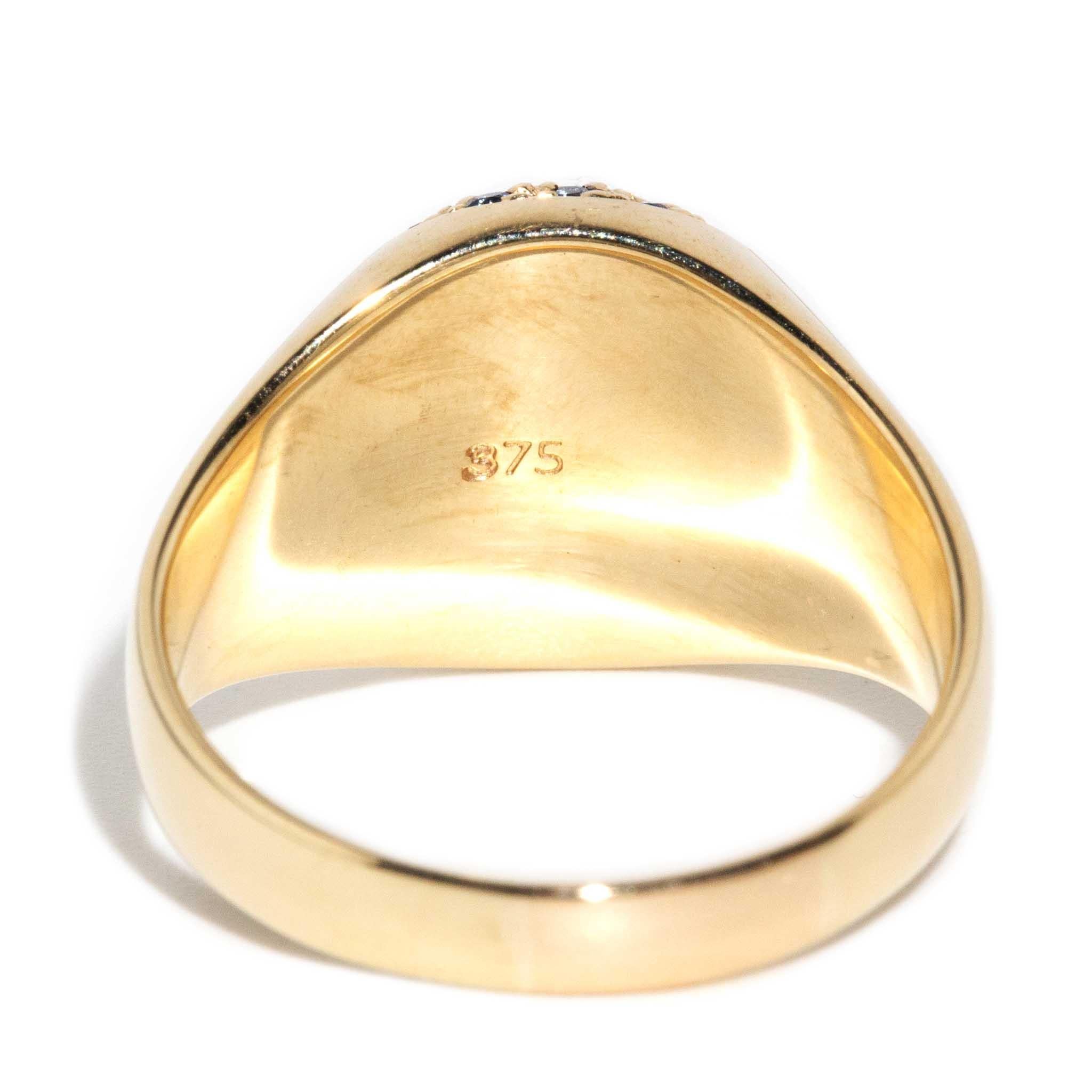 Vintage CIRCA 1980s Blauer Saphir & Brillant Diamant Siegelring 9 Karat Gold 1