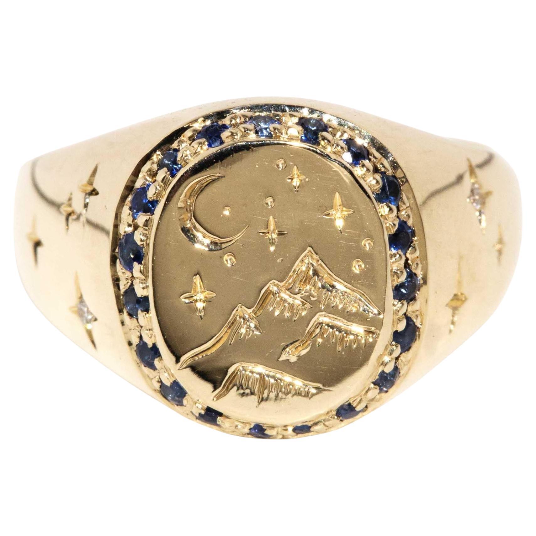 Vintage CIRCA 1980s Blauer Saphir & Brillant Diamant Siegelring 9 Karat Gold im Angebot