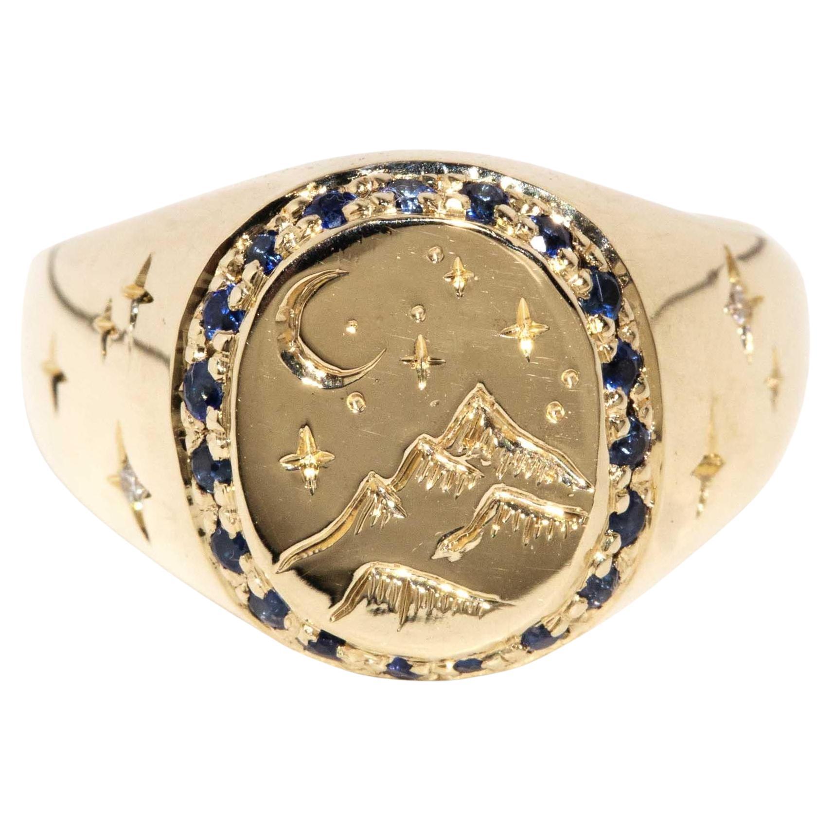 Vintage CIRCA 1980s Blauer Saphir & Brillant Diamant Siegelring 9 Karat Gold