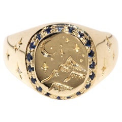 Vintage Circa 1980s Blue Sapphire & Brilliant Diamond Signet Ring 9 Carat Gold