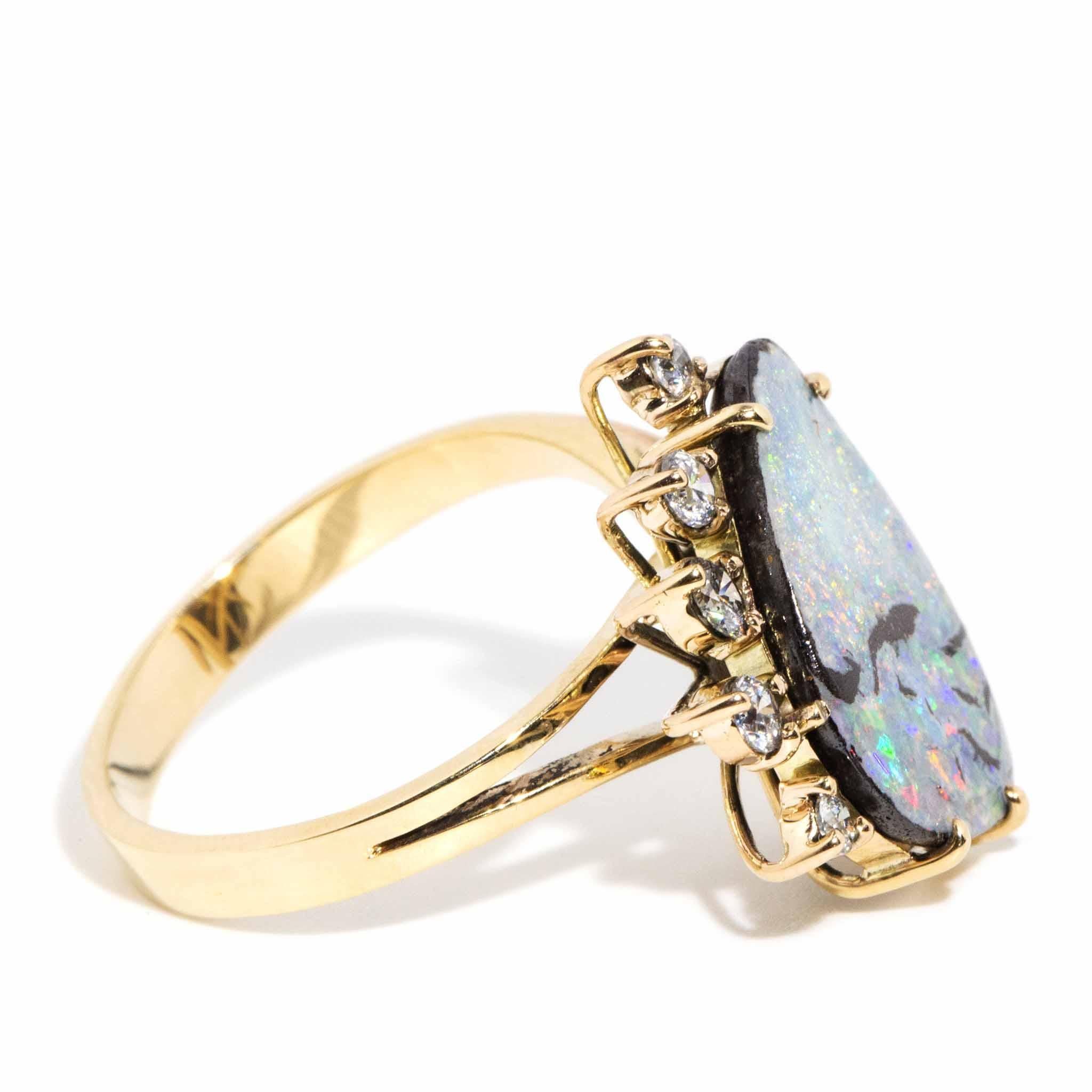 Women's Vintage Circa 1980s Boulder Opal & Diamond Ring 9 Carat Yellow Gold For Sale