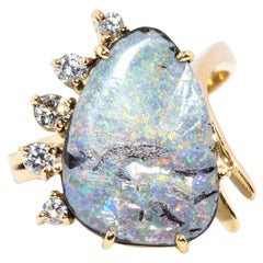 Vintage-Ring aus 9 Karat Gelbgold mit Boulder-Opal und Diamant, ca. 1980er Jahre