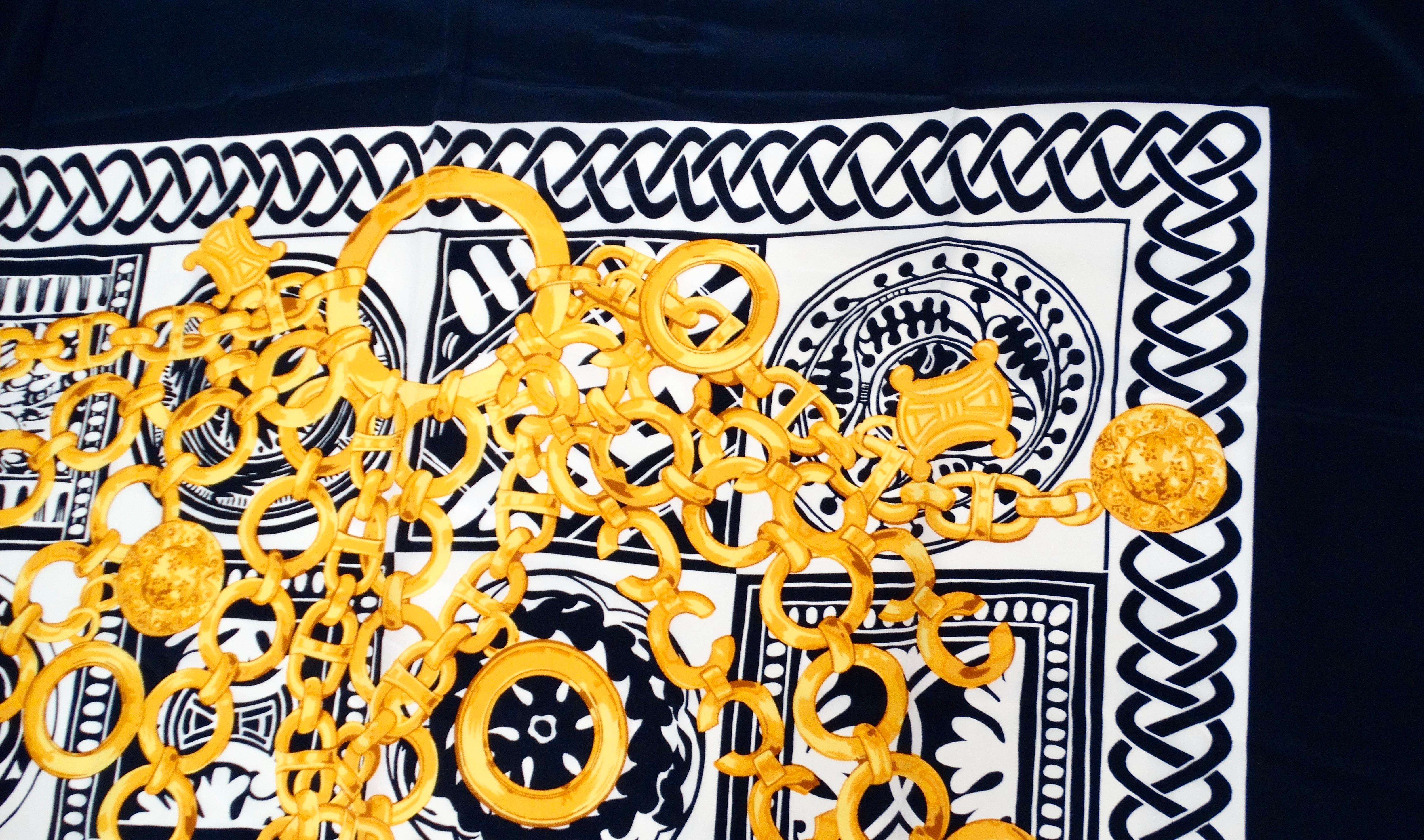 Black Vintage Circa 1980s Celine Gold Chain Motif Silk Scarf For Sale