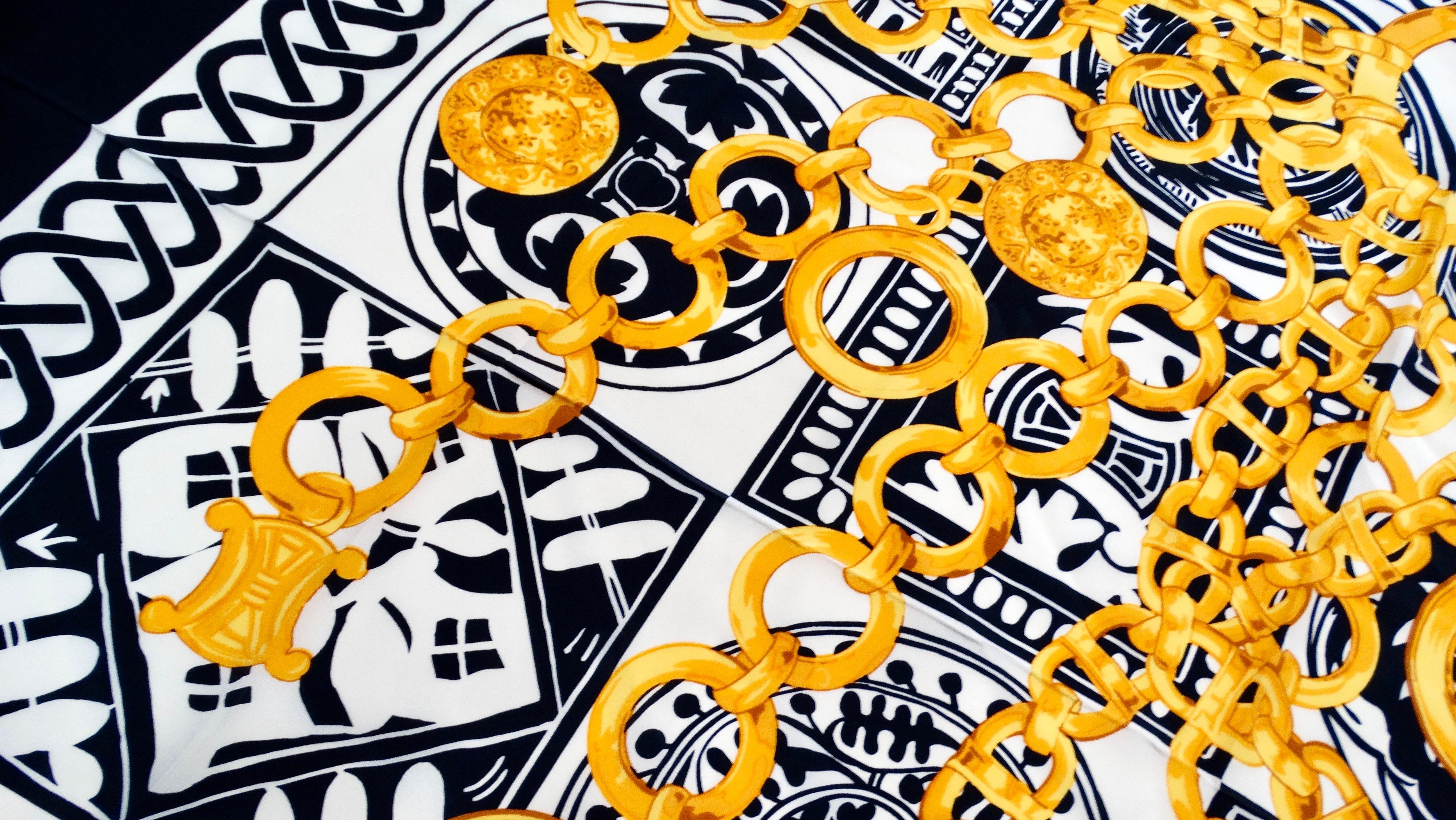 Vintage Circa 1980s Celine Gold Chain Motif Silk Scarf In Good Condition For Sale In Scottsdale, AZ
