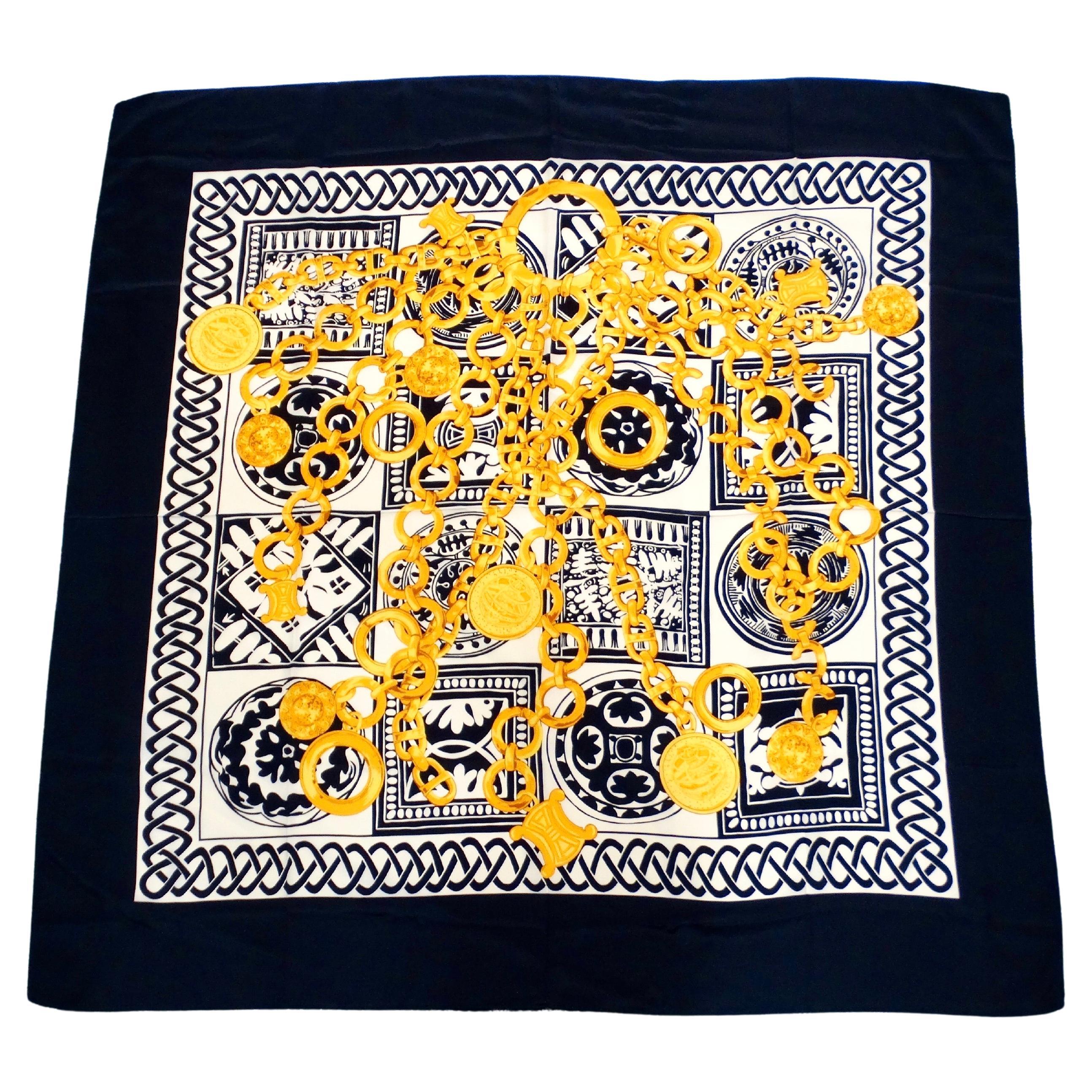 Vintage Circa 1980s Celine Gold Chain Motif Silk Scarf For Sale