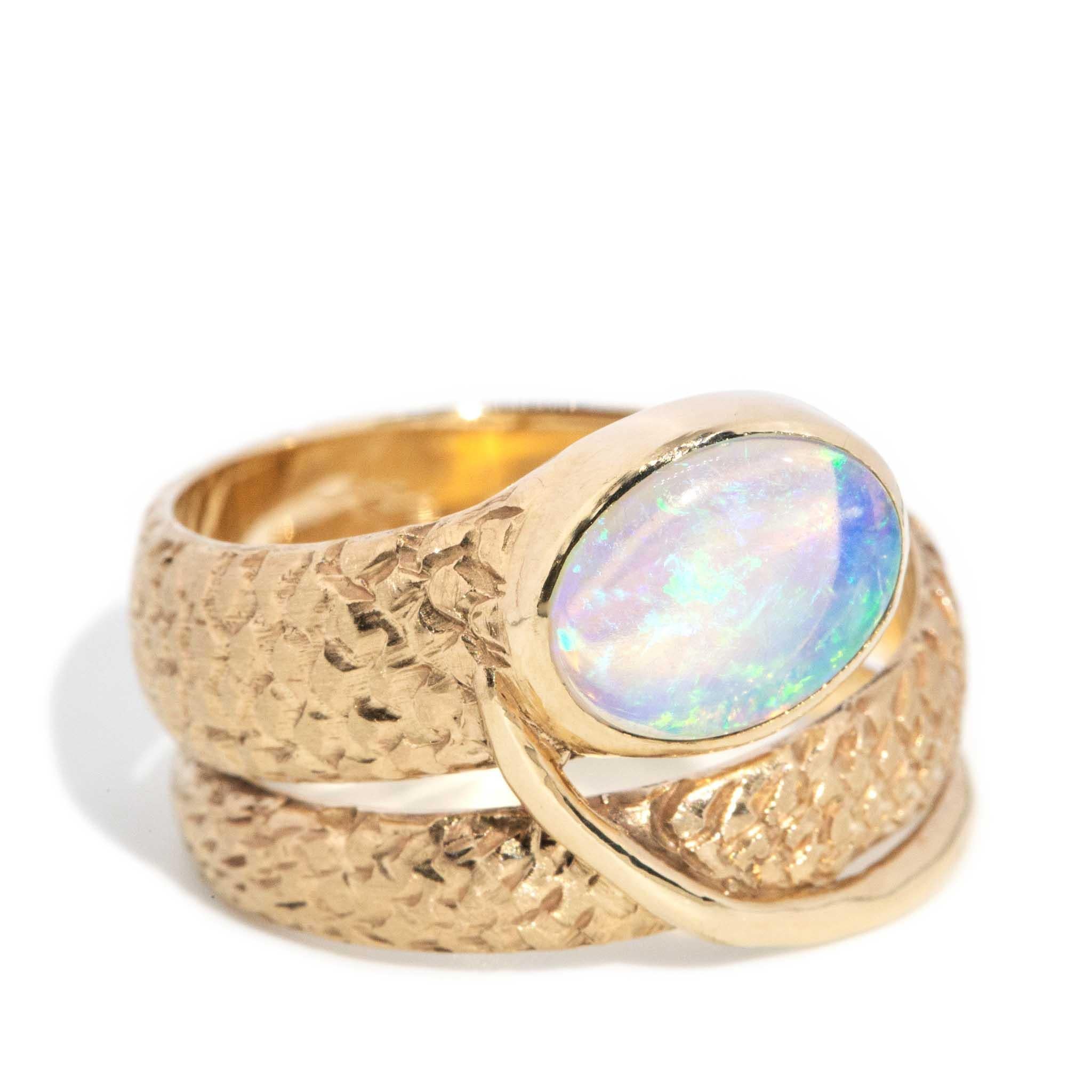 Modern Vintage Circa 1980s Crystal Opal Coiled Ring 14 Carat Yellow Gold For Sale