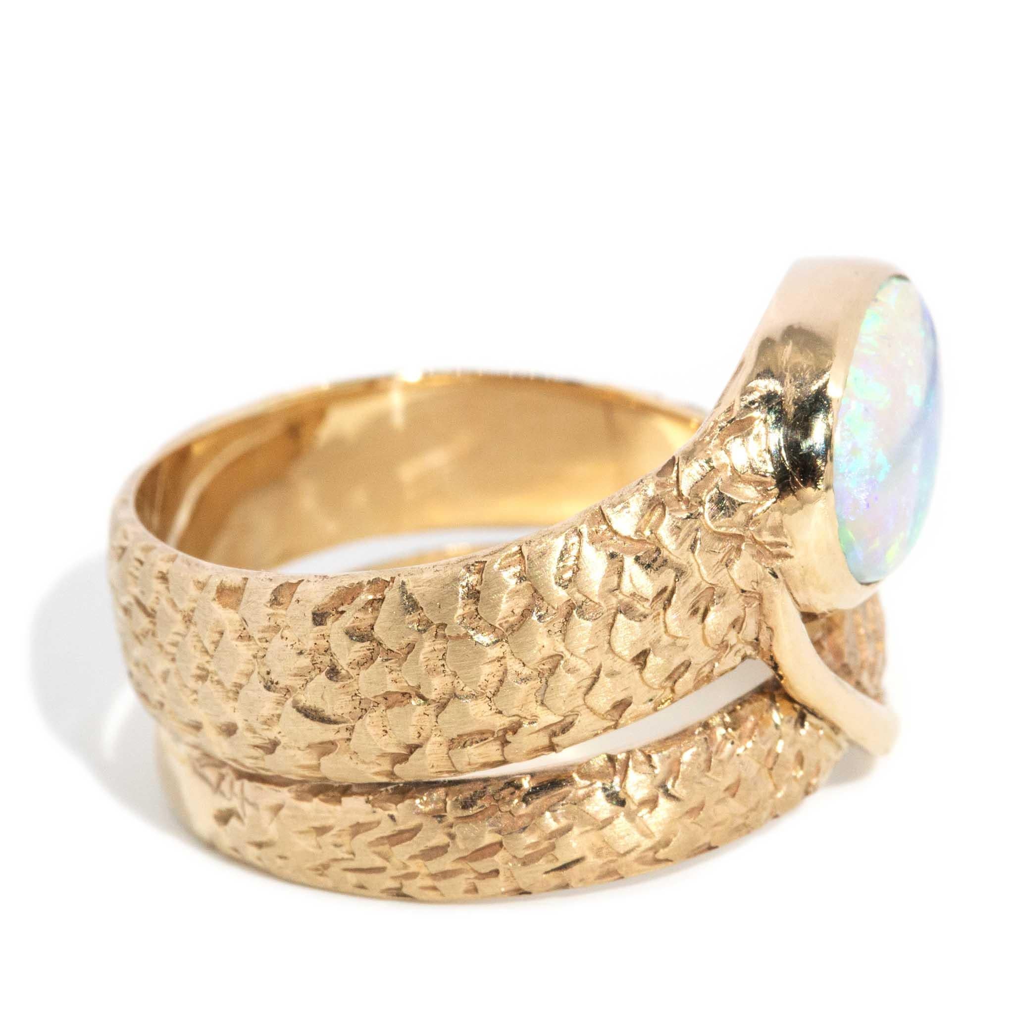 Vintage Circa 1980s Crystal Opal Coiled Ring 14 Carat Yellow Gold For Sale 3