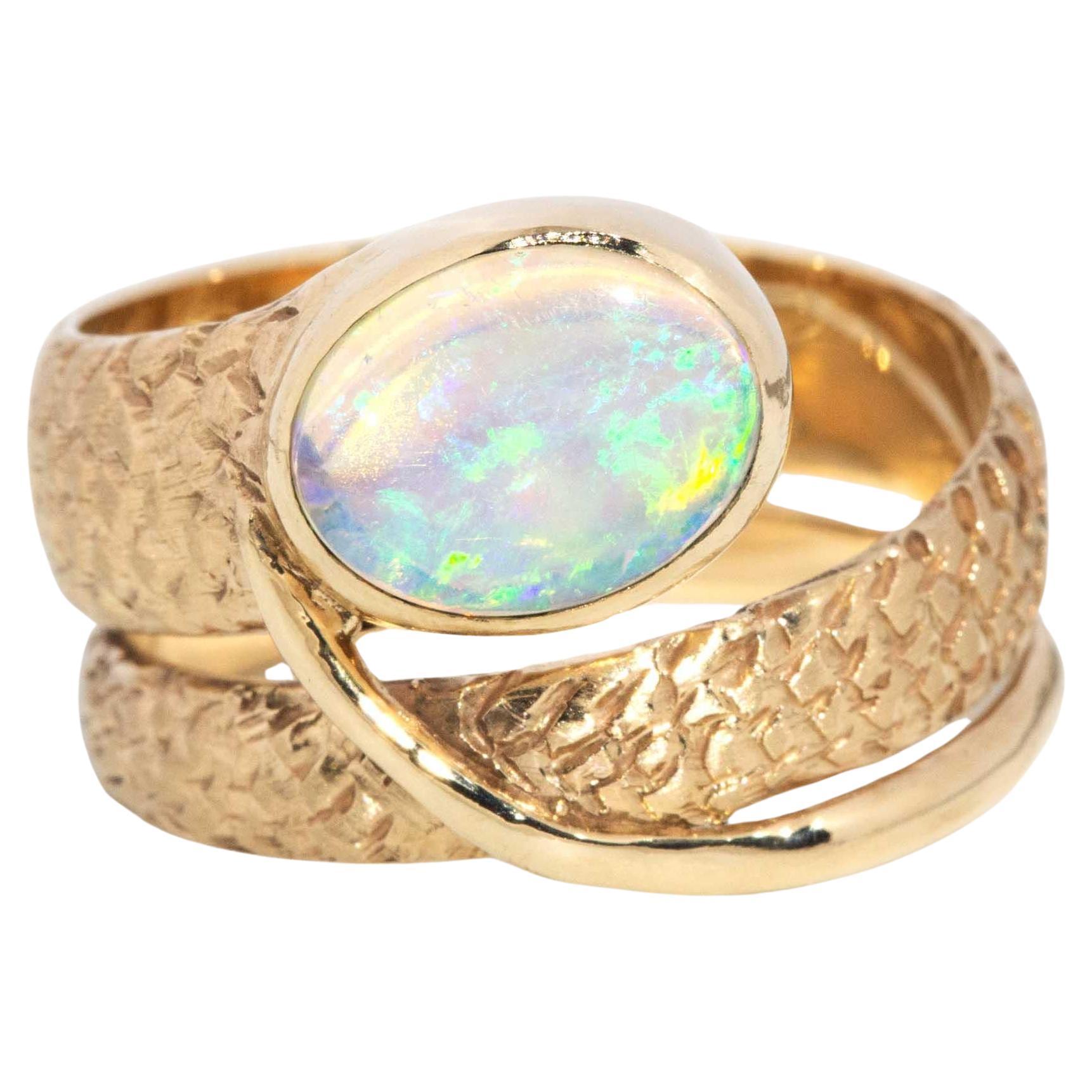 Vintage Circa 1980s Crystal Opal Coiled Ring 14 Carat Yellow Gold For Sale