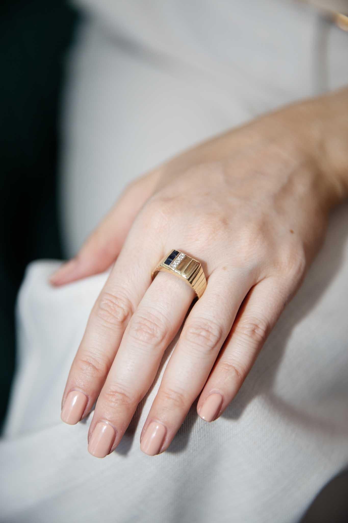 Crafted in 9 carat gold, our Quintus Ring is all hard lines and soft edges, the bright blue sapphires and diamonds adding a handsome finish.  Be it a gift for someone you love or for yourself, it is a classic that will last generations.

The Quintus