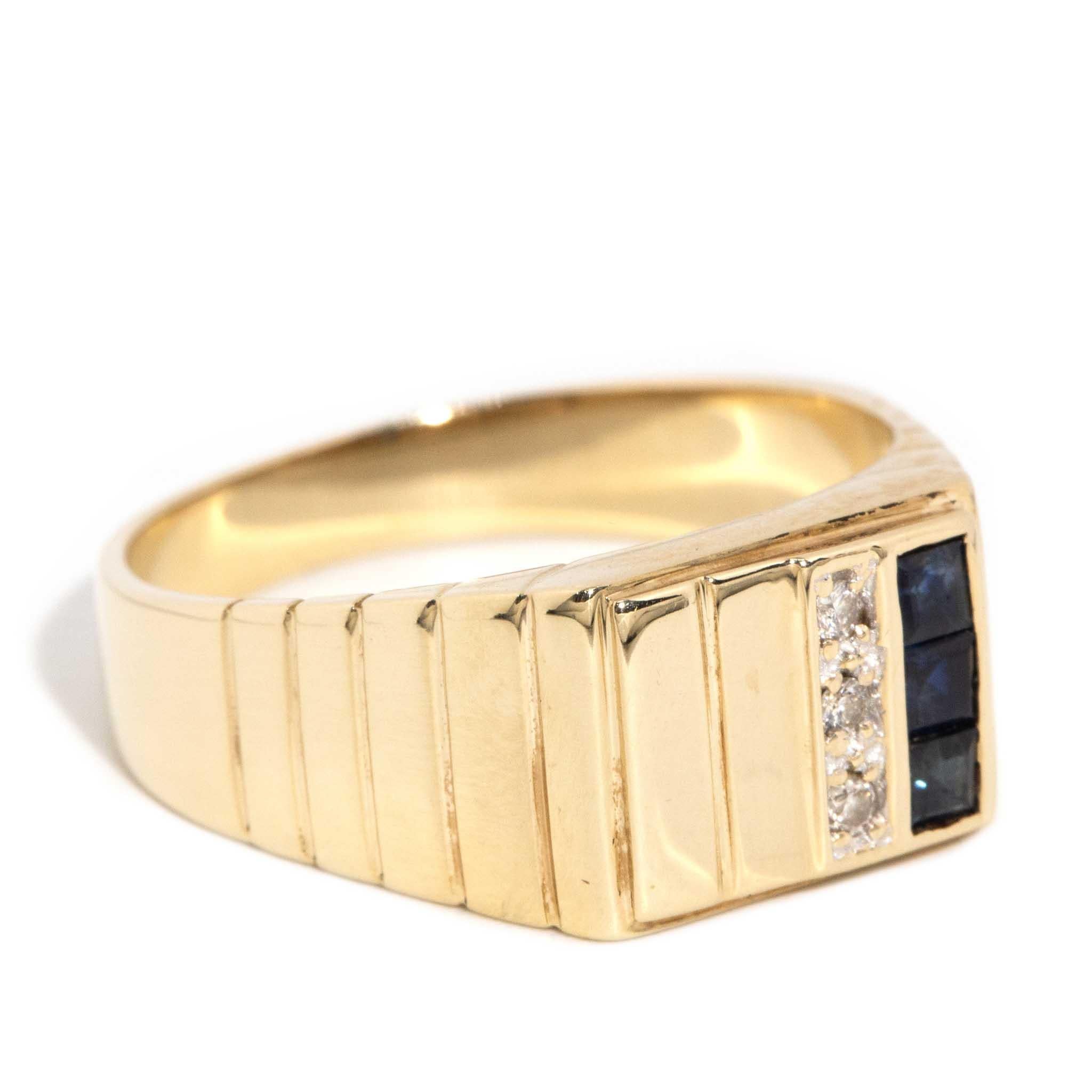 Modern Vintage Circa 1980s Deep Blue Sapphire & Diamond Signet Ring 9 Carat Gold