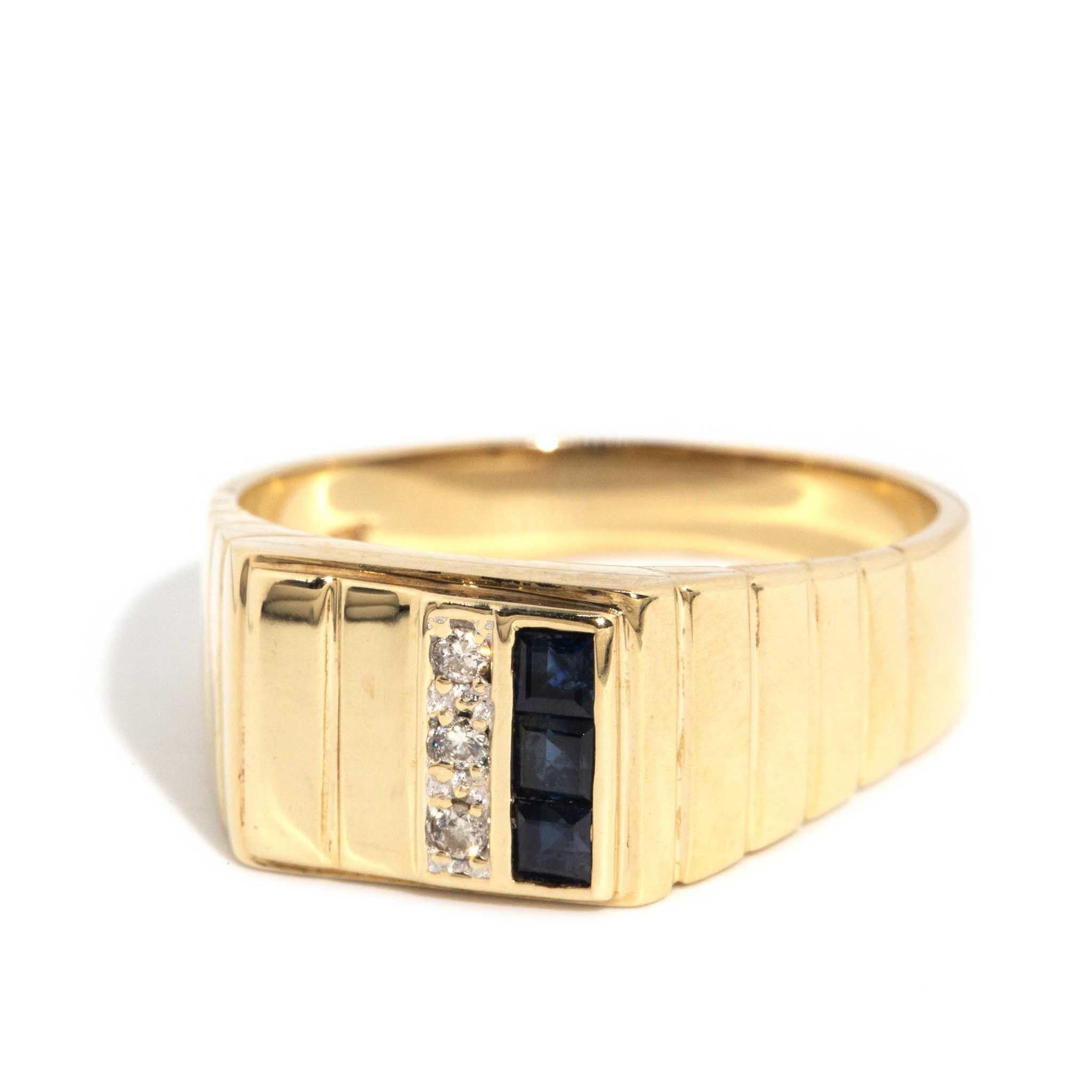 Square Cut Vintage Circa 1980s Deep Blue Sapphire & Diamond Signet Ring 9 Carat Gold
