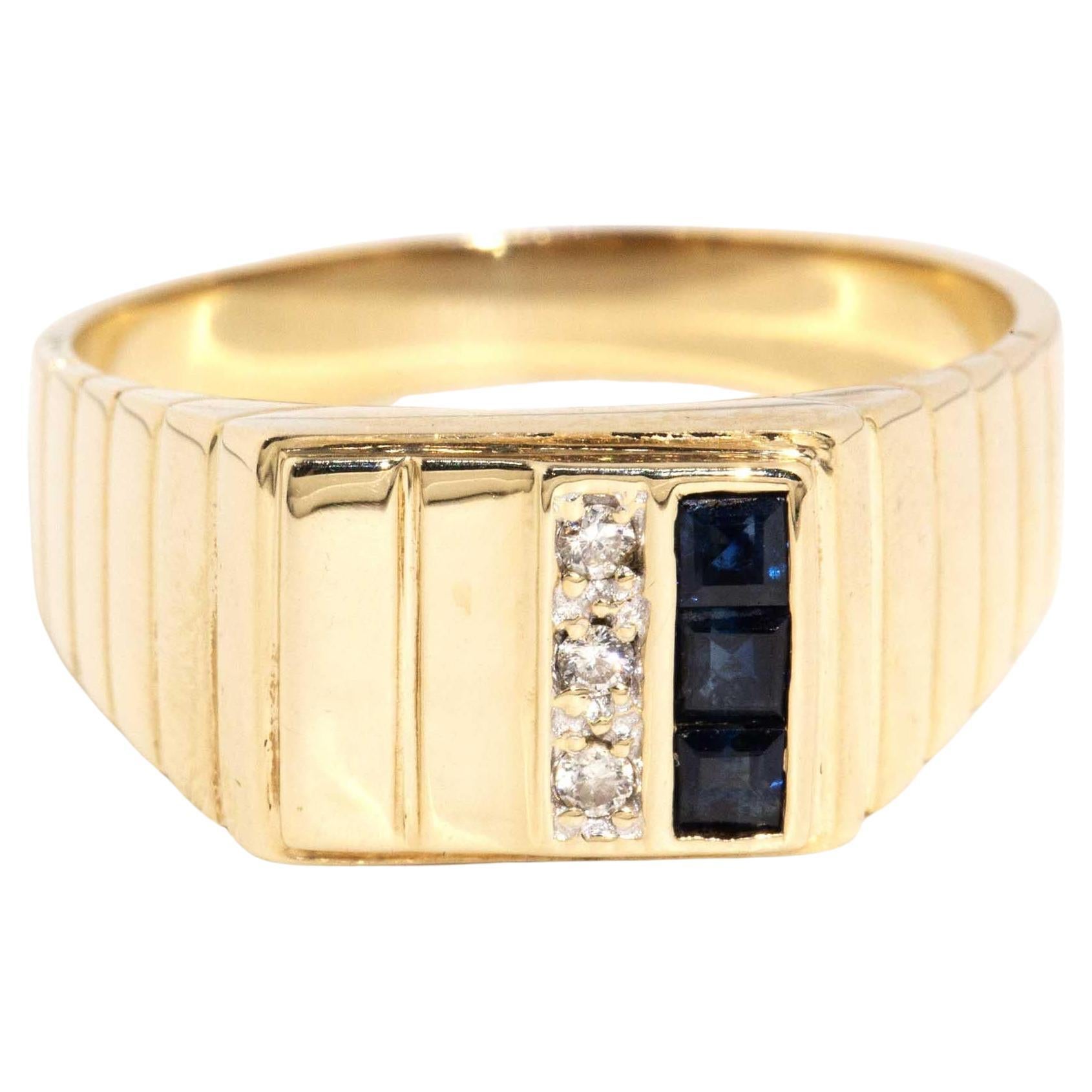 Vintage Circa 1980s Deep Blue Sapphire & Diamond Signet Ring 9 Carat Gold