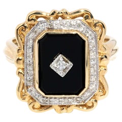 Vintage Circa 1980s Diamond & Onyx Dress Ring 9 Carat Yellow Gold