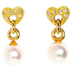 Vintage Circa 1980s Diamond & Pearl Bubble Heart Studs 18 Carat Yellow Gold